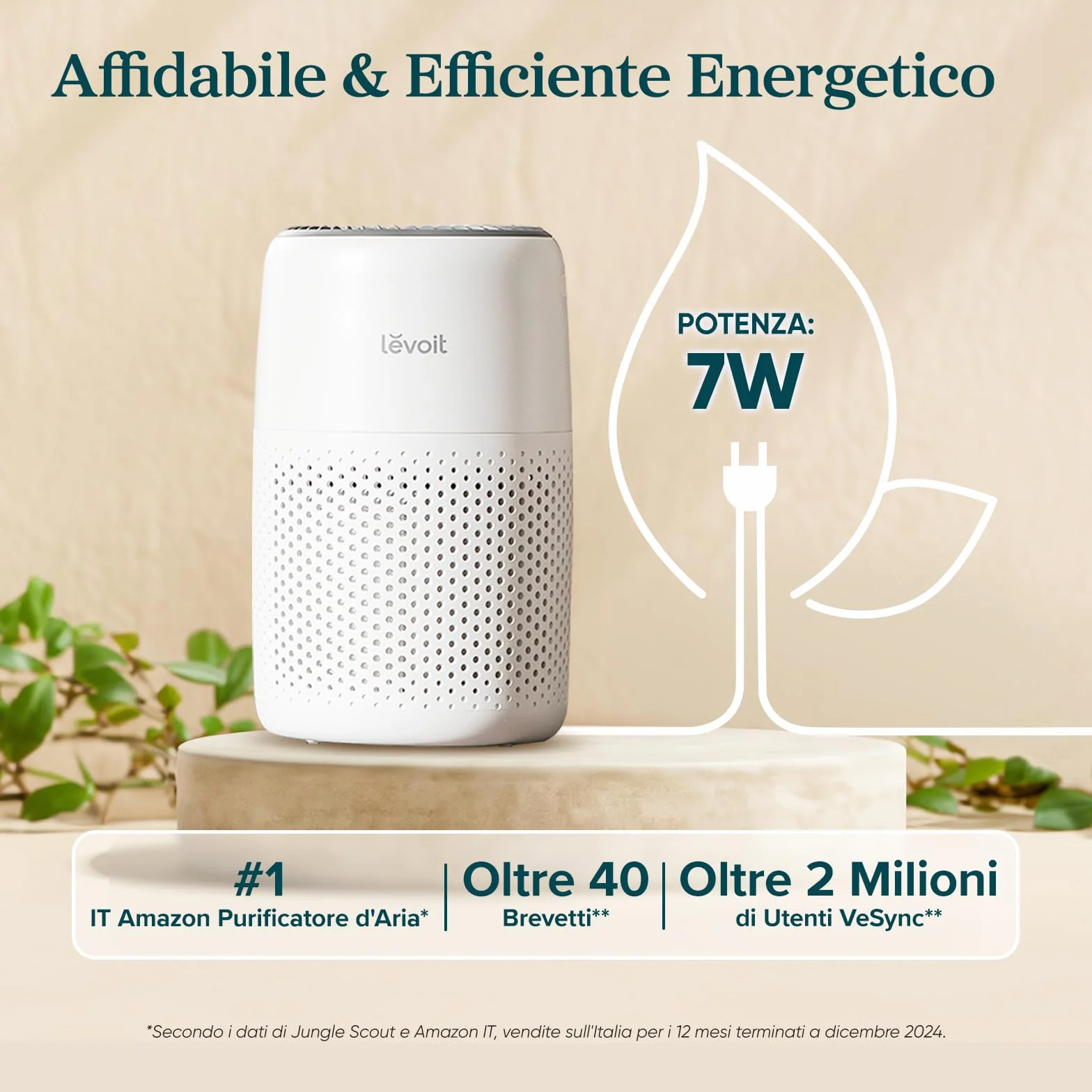 LEVOIT Purificatore d'Aria con Filtro HEPA, 7 Watt, Risparmio Energetico, 3 Velocità Contro Muffe, Polvere, Peli di Animali Fino a 0,3 μm Allergie, in Camera da Letto, 25 dB, Bianco