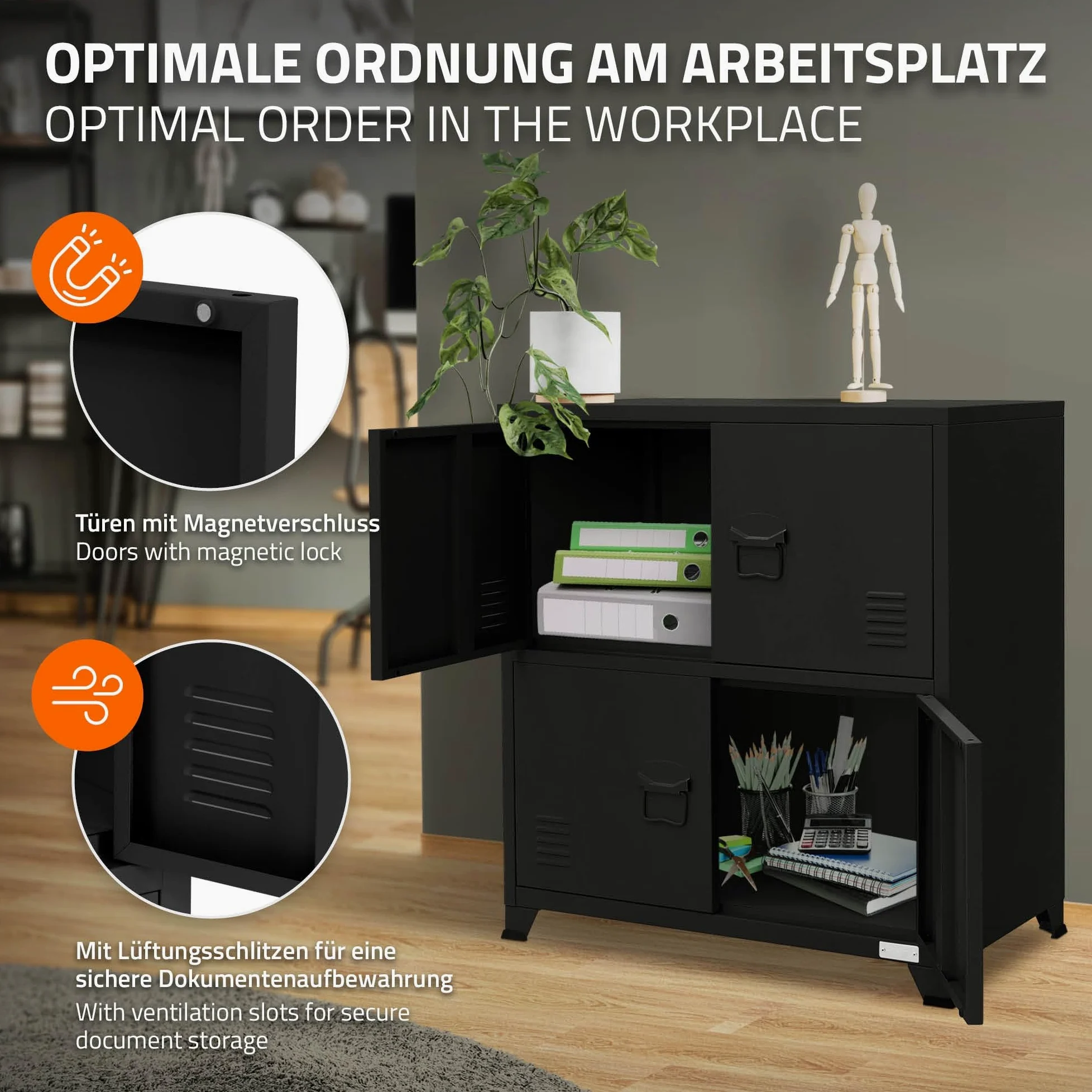 ML-Design Schedario da Ufficio 75x40x80,5 cm Nero Acciaio Mobile a 4 Gambe Armadietto in Metallo 4 Ante 2 Scomparti Interni Armadio Industriale Portadocumenti in Acciaio di Stoccaggio Portaoggetti