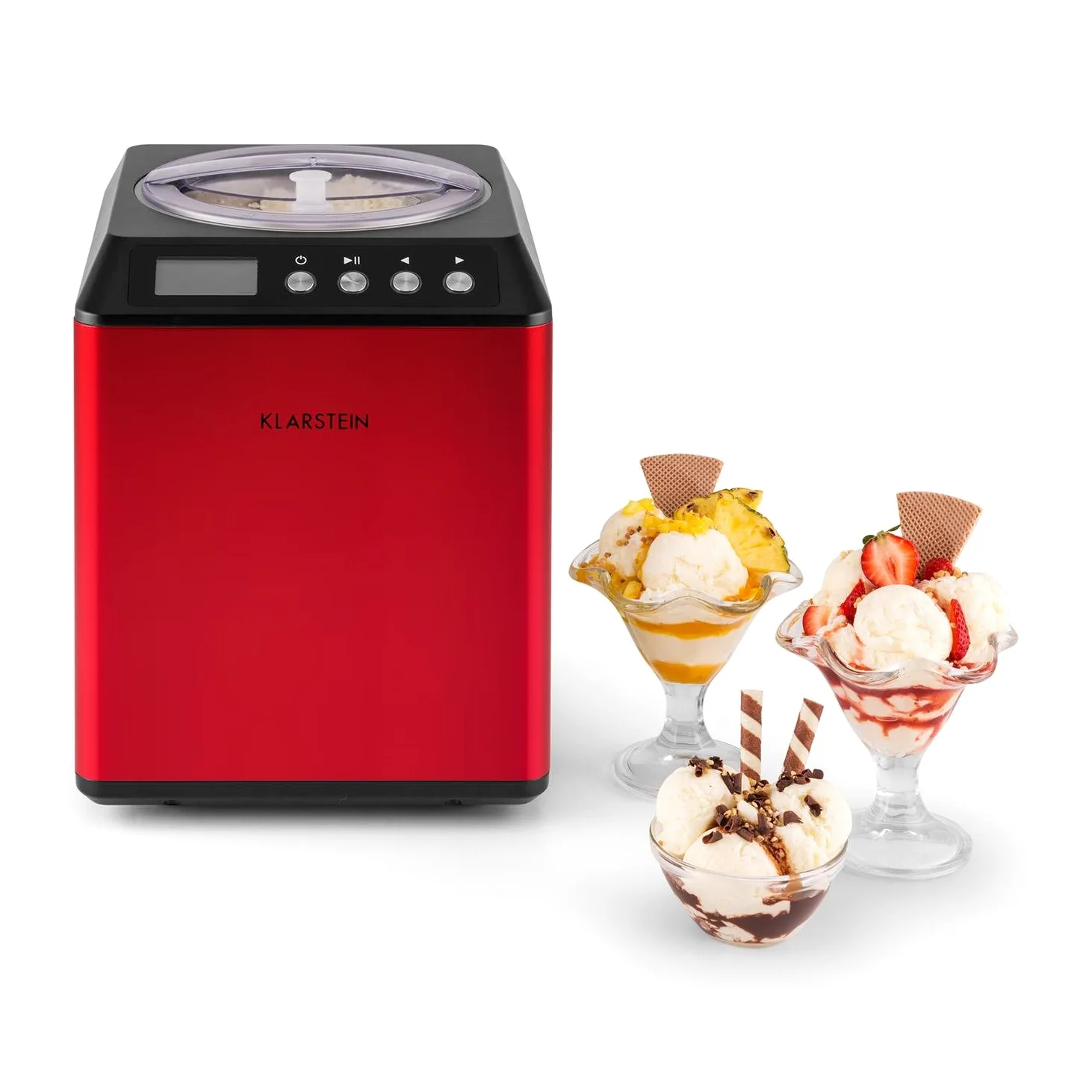Klarstein Vanilla Sky - Macchina per Gelato, Funzione di Raffreddamento, Timer, 3-4 min, Display LED, Facile da Pulire, Acciaio Inox, Cucchiaio, 18 Watt, Capacità: 2 Litri, Rosso