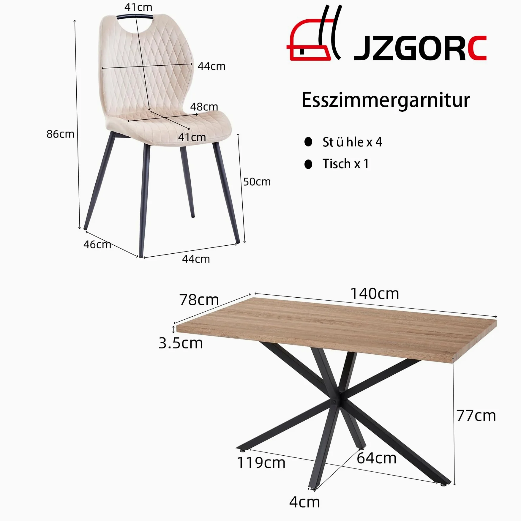 Tavolo da Pranzo con 4 Sedie, Set da Pranzo, 140 * 78 * 77 cm, Tavolo da Pranzo Rettangolare in Legno, 4 Sedie con Schienale Alto, Gambe in Metallo Nero, 4 Sedia Beige