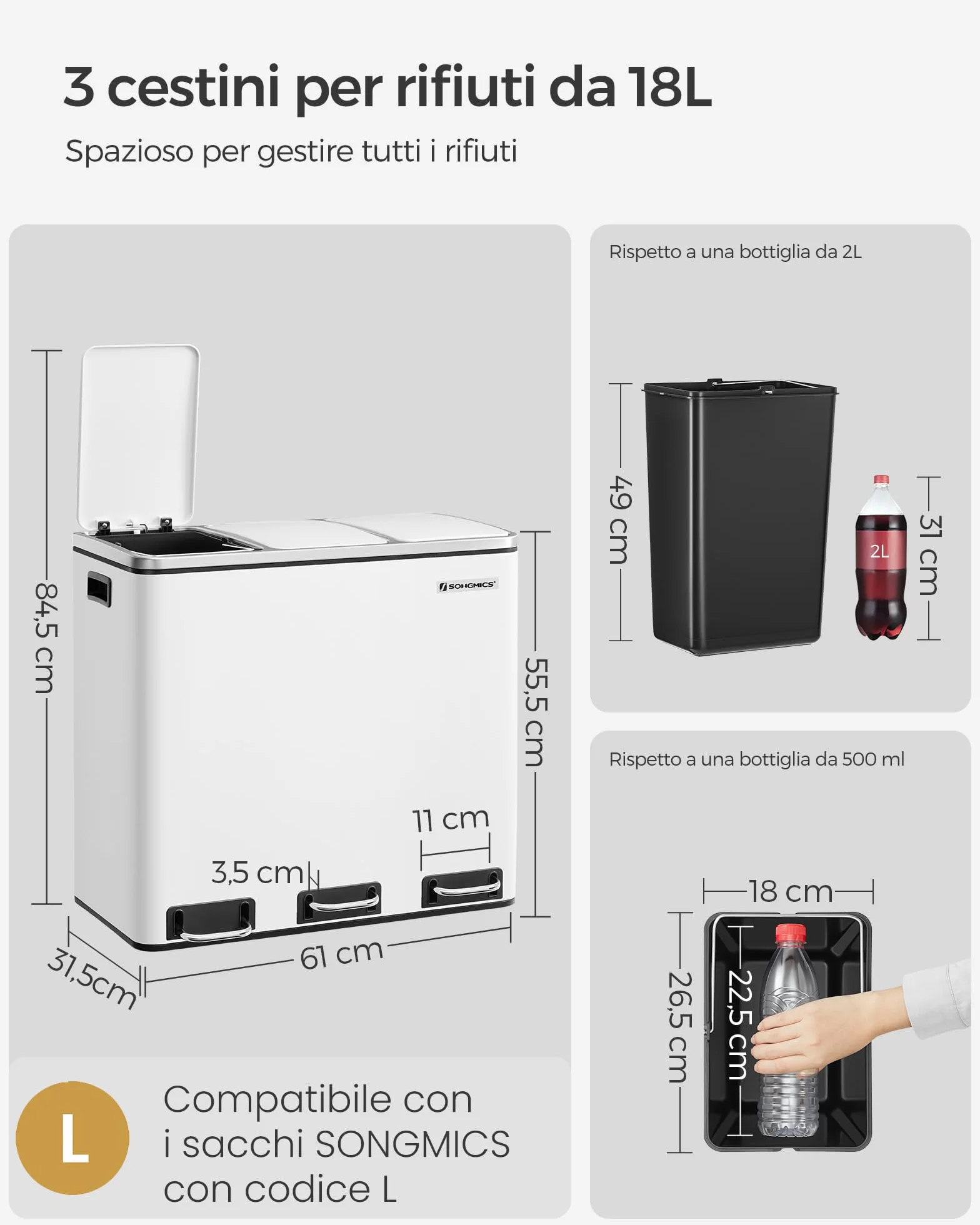 SONGMICS Cestino da Cucina, Pattumiera per Raccolta Differenziata 3 x 18L, 3 Scomparti per Riciclaggio, Coperchi a Chiusura Morbida, Pedali, Acciaio, Bianco Nuvola LTB54WT