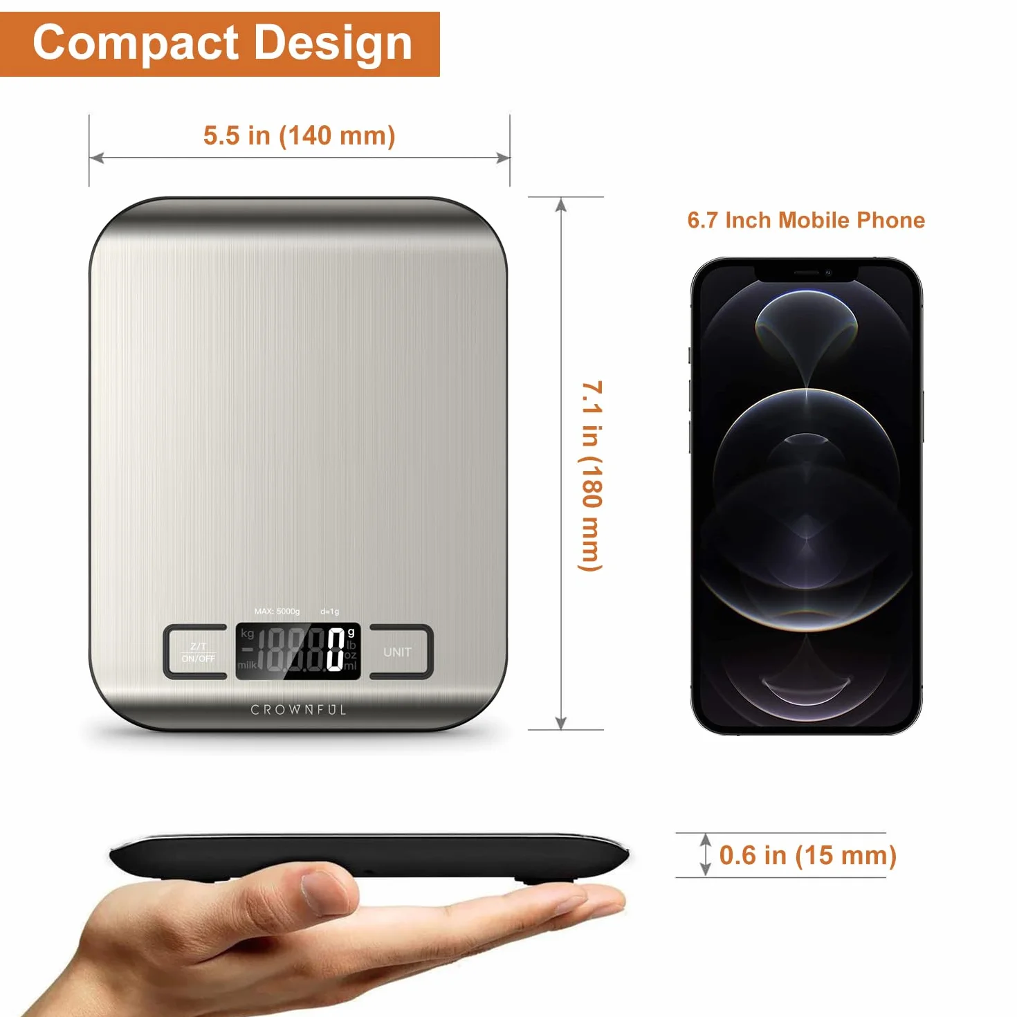 CROWNFUL Bilancia da Cucina Digitale, acciaio inossidabile, Grande Display LCD, Capacità 5 kg, multifunzione Bilancia Cucina 5 unità con funzione tara, Argento