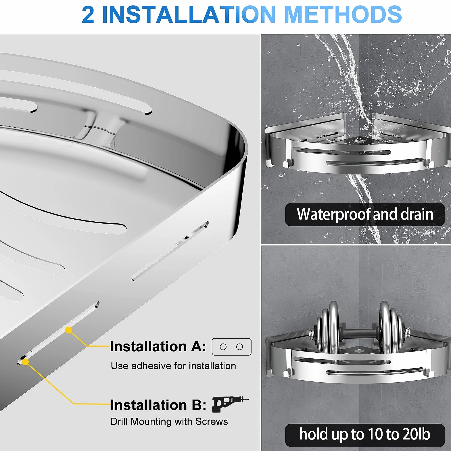 PNNP Mensola Doccia Angolare Senza Foratura 2 Pezzi Portasapone Adesiva Acciaio Inox con Ganci Argento