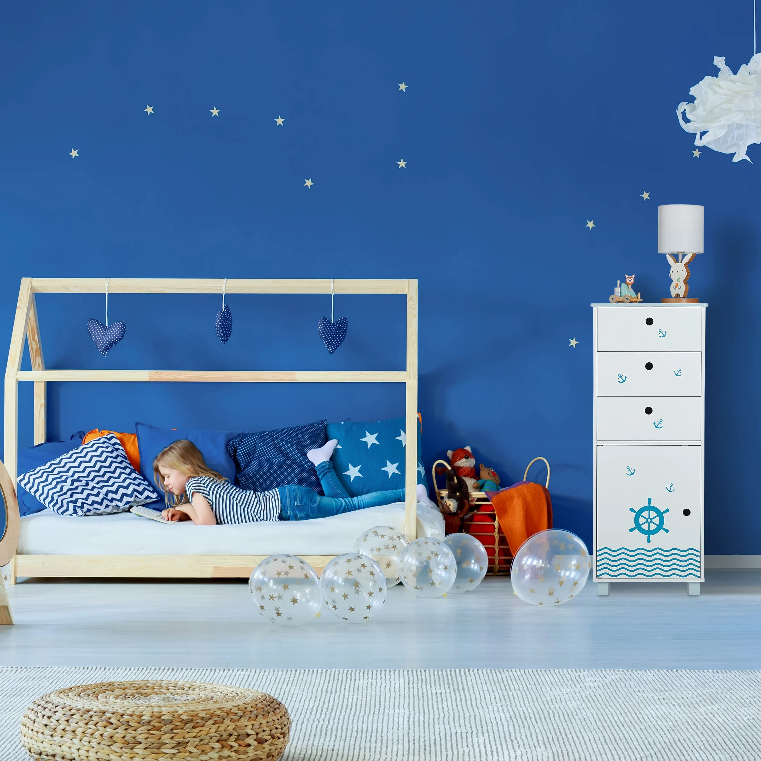 Relaxdays Cassettiera per Bambini, per la Cameretta, 3 Cassetti e 1 Scomparto con Anta, HLP: 105x42x30 cm, Bianco Blu