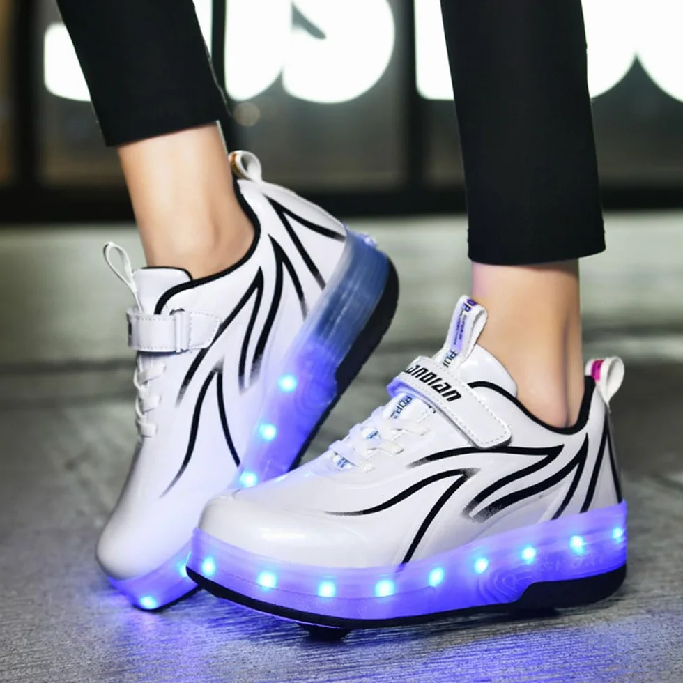 ENEN Scarpe con Ruote 2 in 1 Multifunzionali con LED Luce per Bambini Ragazze Giovani Adulti Rosa Blu Bianco 28-41 EU