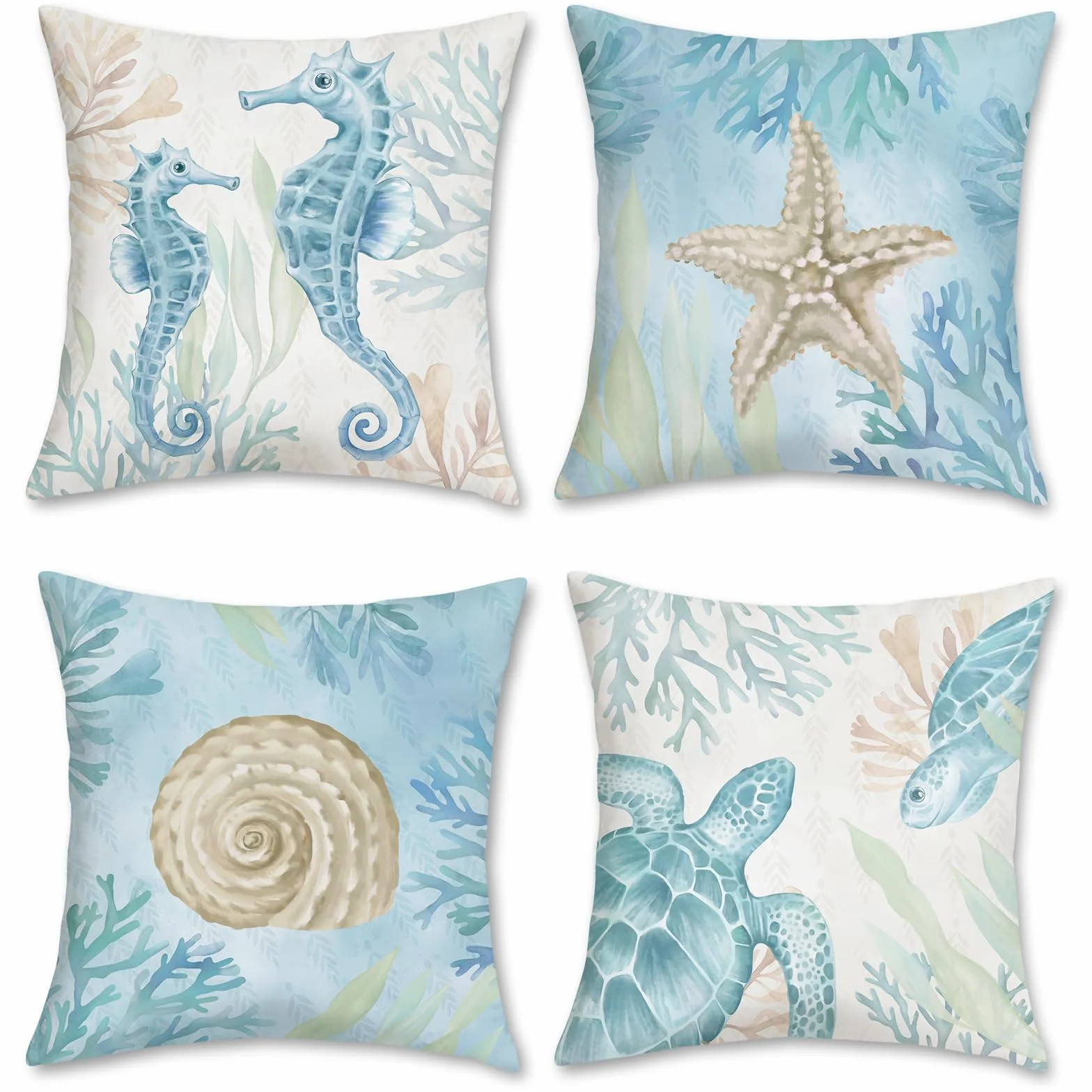 Bonhause Federe per Cuscini Spiaggia Oceano 45 x 45 cm Copricuscini Cavalluccio Marino Tartaruga Stella Marina Costiera Velluto Morbido Federa per Cuscino Divano Casa Decorazione Set di 4