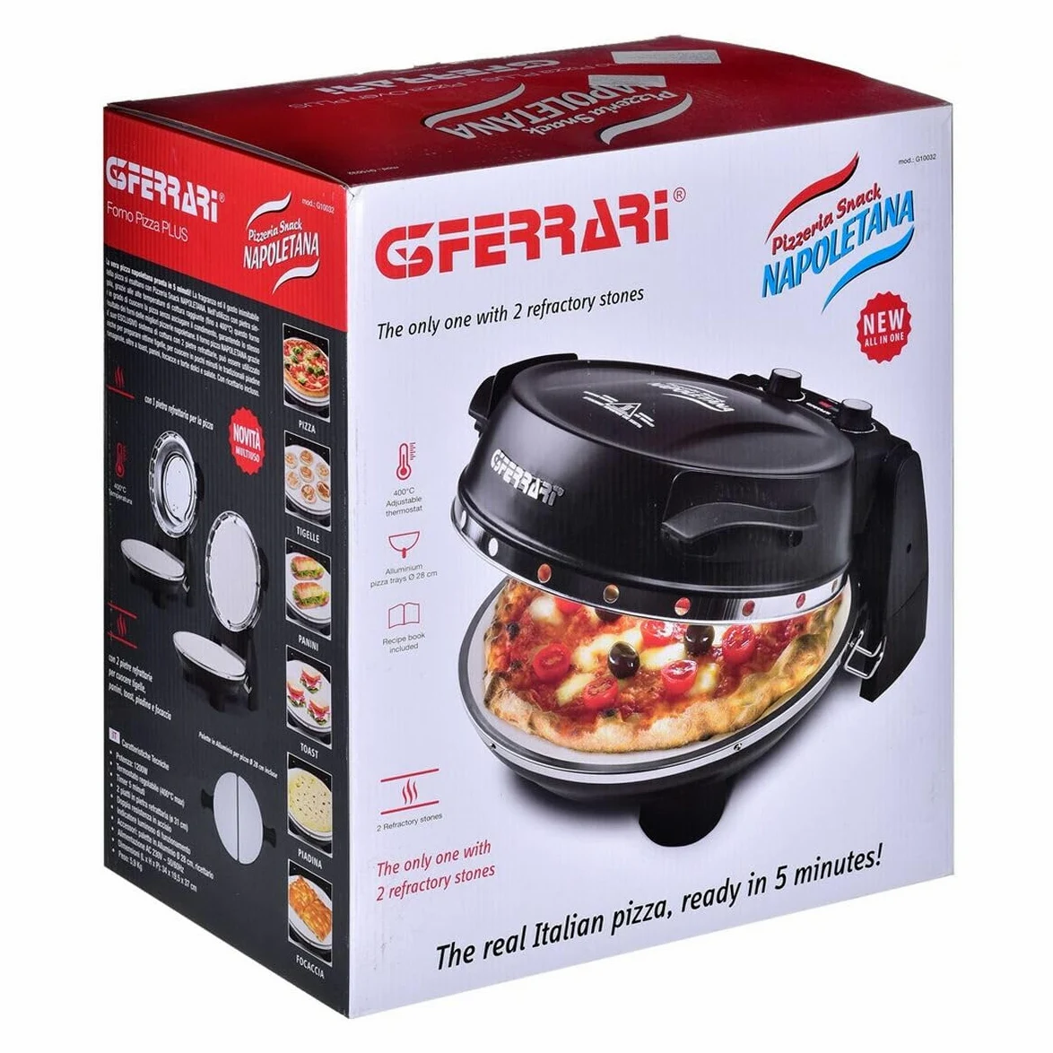 G3 Ferrari G10032 Pizzeria Snack Napoletana Forno Pizza Plus Evo, Doppia Pietra Refrattaria, Diametro 31 cm, 1200 W, Palette e ricettario inclusi, Nero