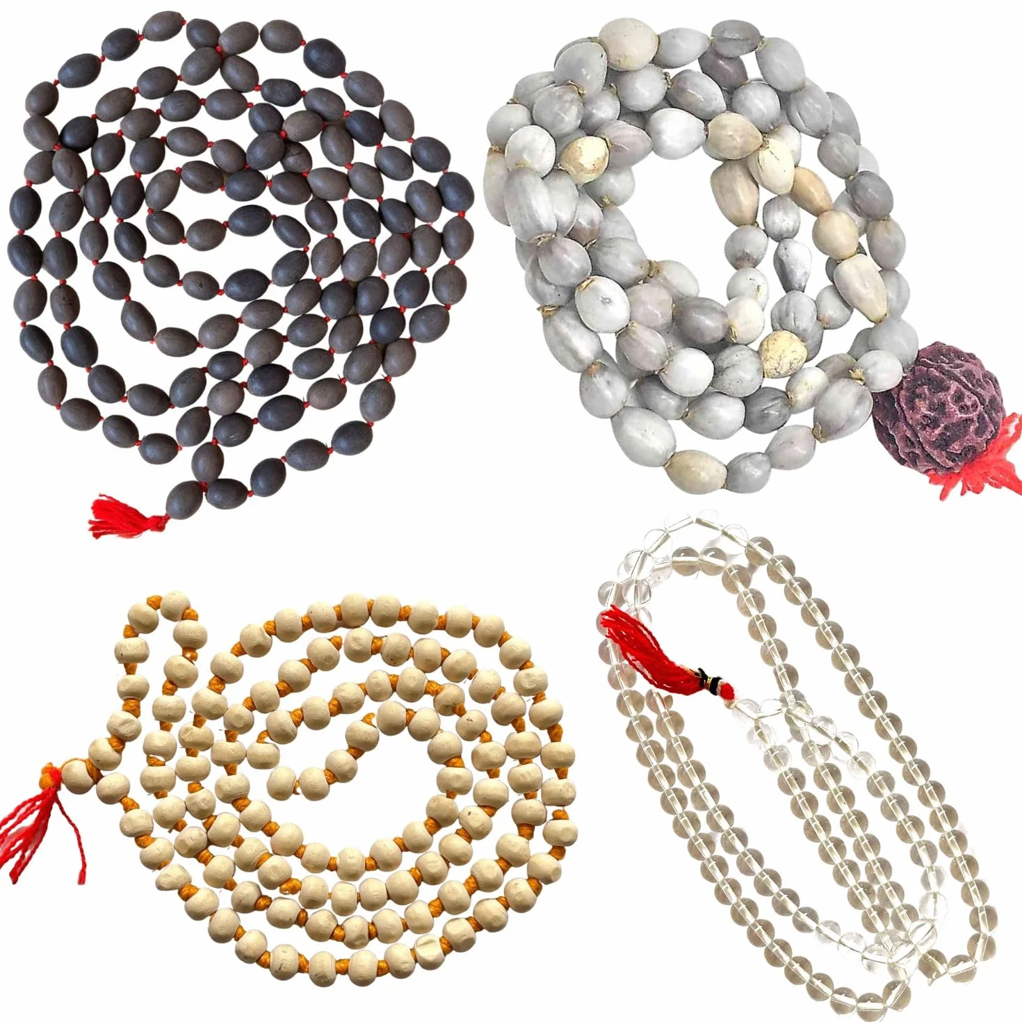 Naisha Confezione da 4 perline Tulsi Japa Mala, Kamal Gatta Mala (semi di loto), originali Vaijanti Mala e cristallo di agata Sphatik, 108+1 perline bianche