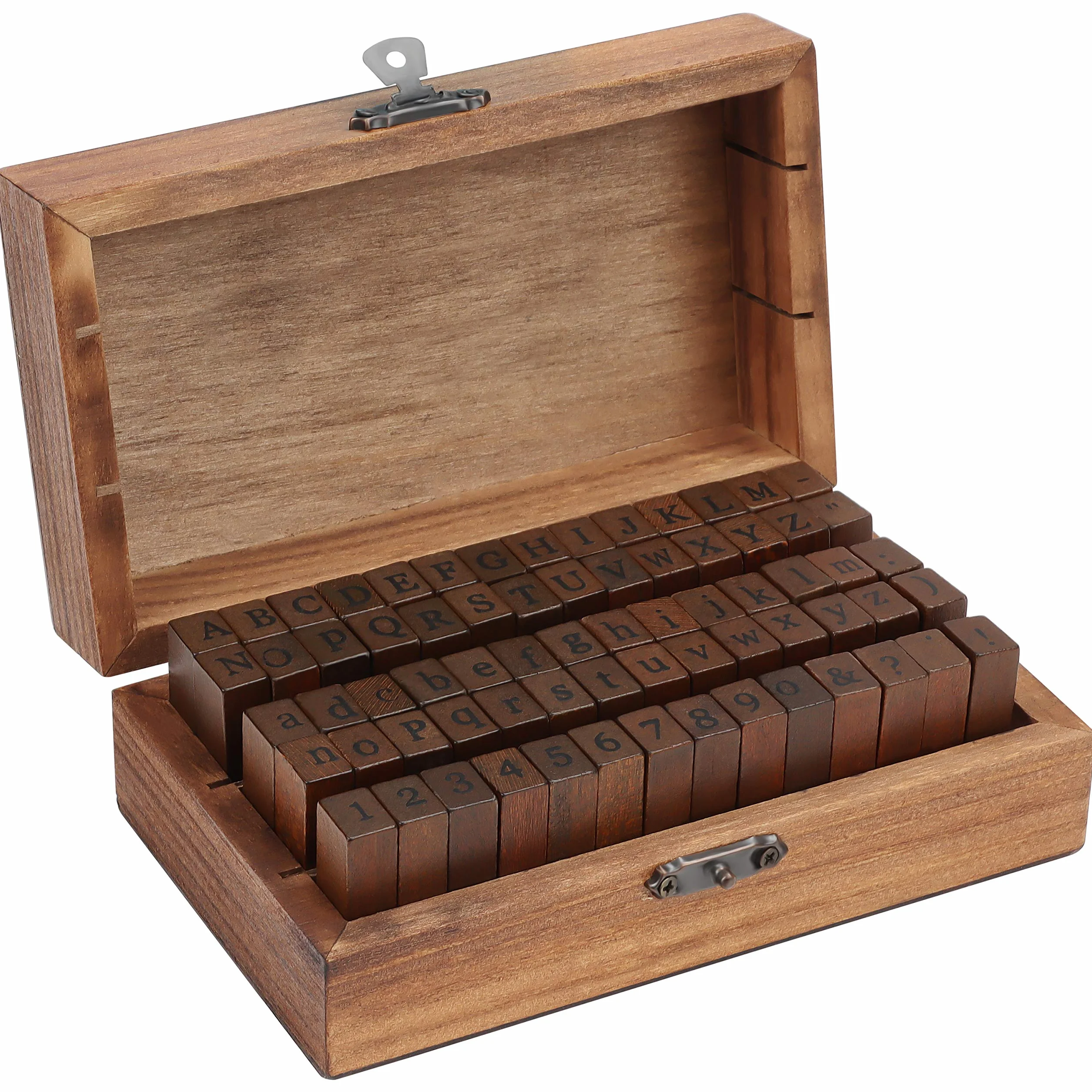 Kurtzy Set di timbri in legno e gomma, con lettere dell'alfabeto (70 pezzi) – Timbri multiuso, in legno, con scatola di legno vintage per carte, timbri, fai da te