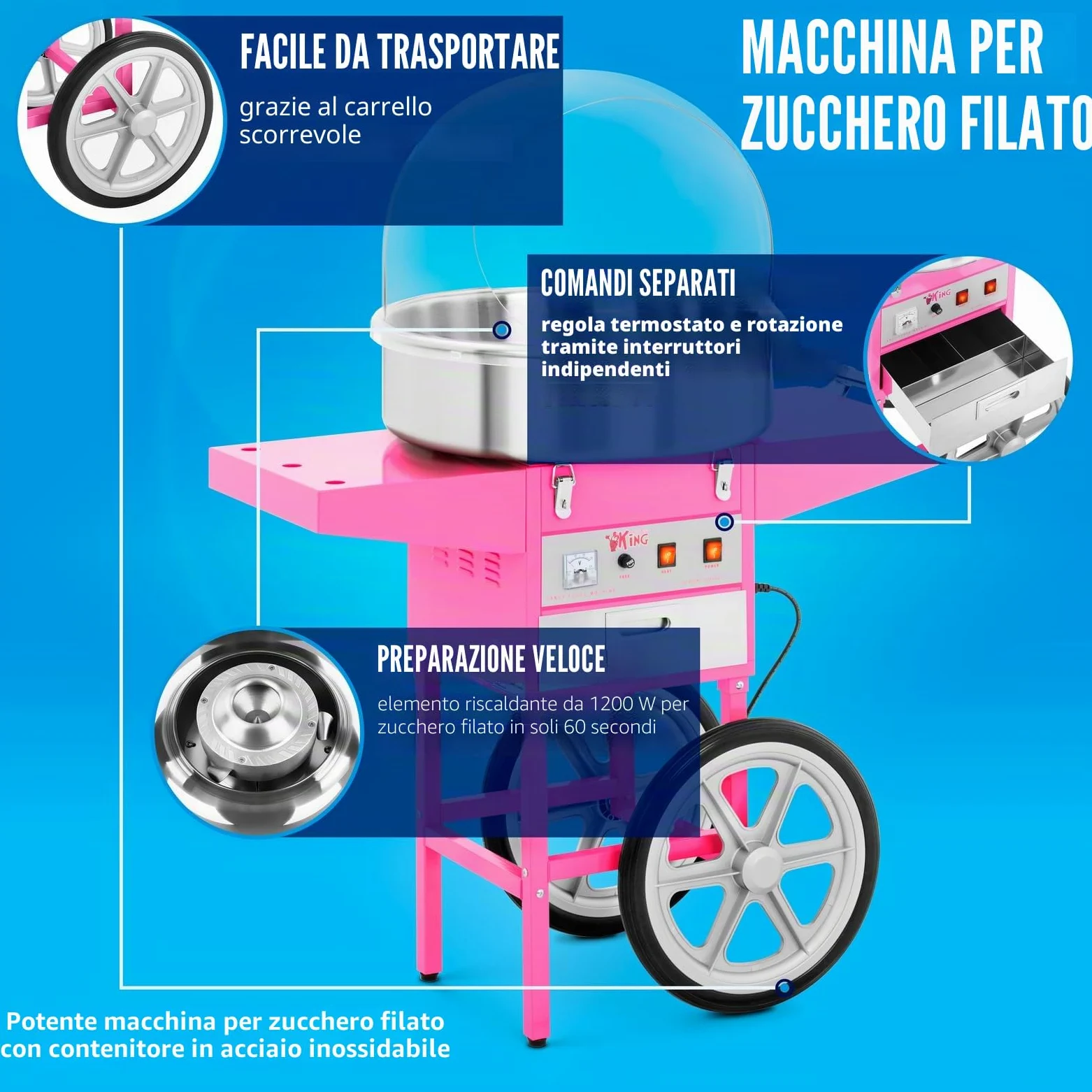 Royal Catering Macchina per zucchero in cotone con carrello, controllo termostato e rotazione, 1200 W, colore rosa, 52 cm