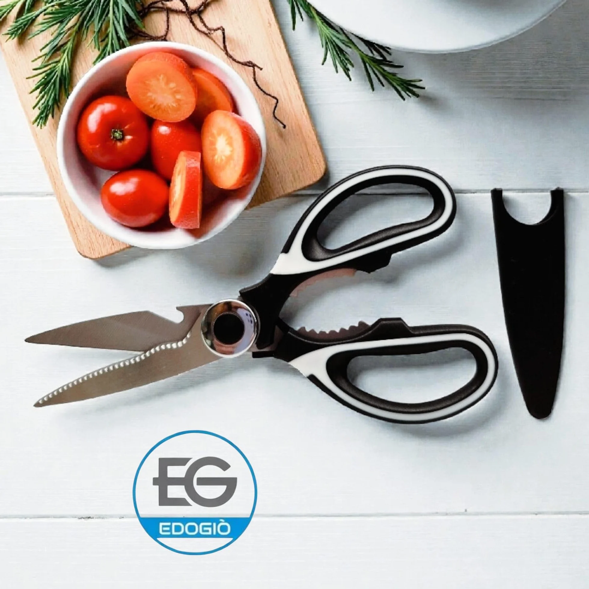 Forbici da cucina professionali in acciaio inox 304 multiuso con apribottiglie, adatte per carne, pesce e verdure, manico ergonomico antiscivolo e perno rinforzato.
