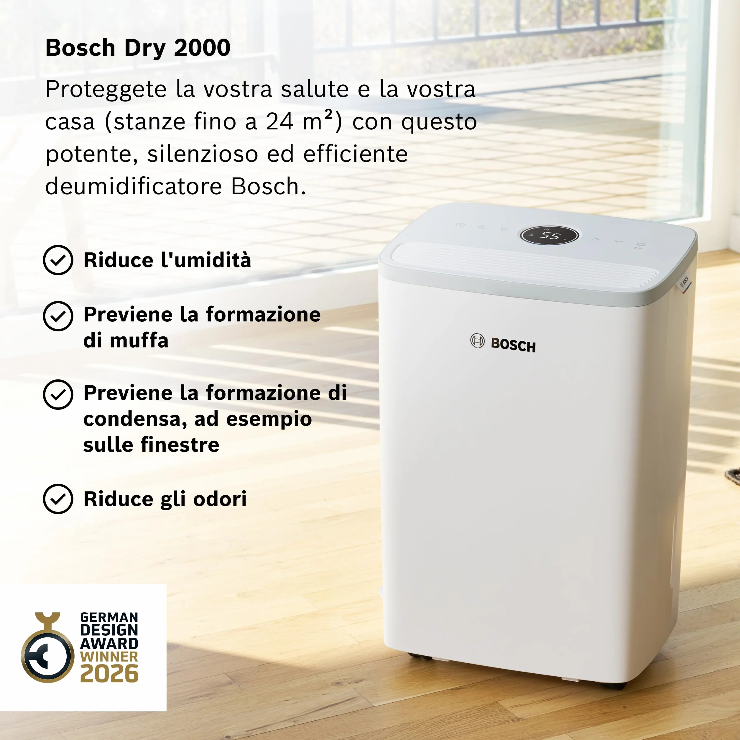 Bosch Dry 2000 - Deumidificatore - Facile. Efficiente. Tranquillo. Per la tua casa e la tua camera da letto - Per Stanze fino a 24 m² - Asciugatura rapida per il tuo bucato