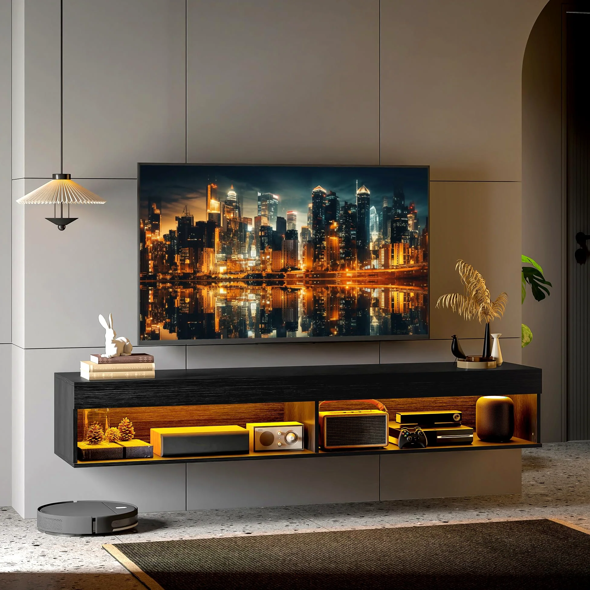 HOMCOM Mobile Porta TV fino 75" Sospeso con Luci LED 16 Colori e Modalità Regolabile con Telecomando, Mobile TV Sospeso in Legno, 180x40x30 cm, Nero