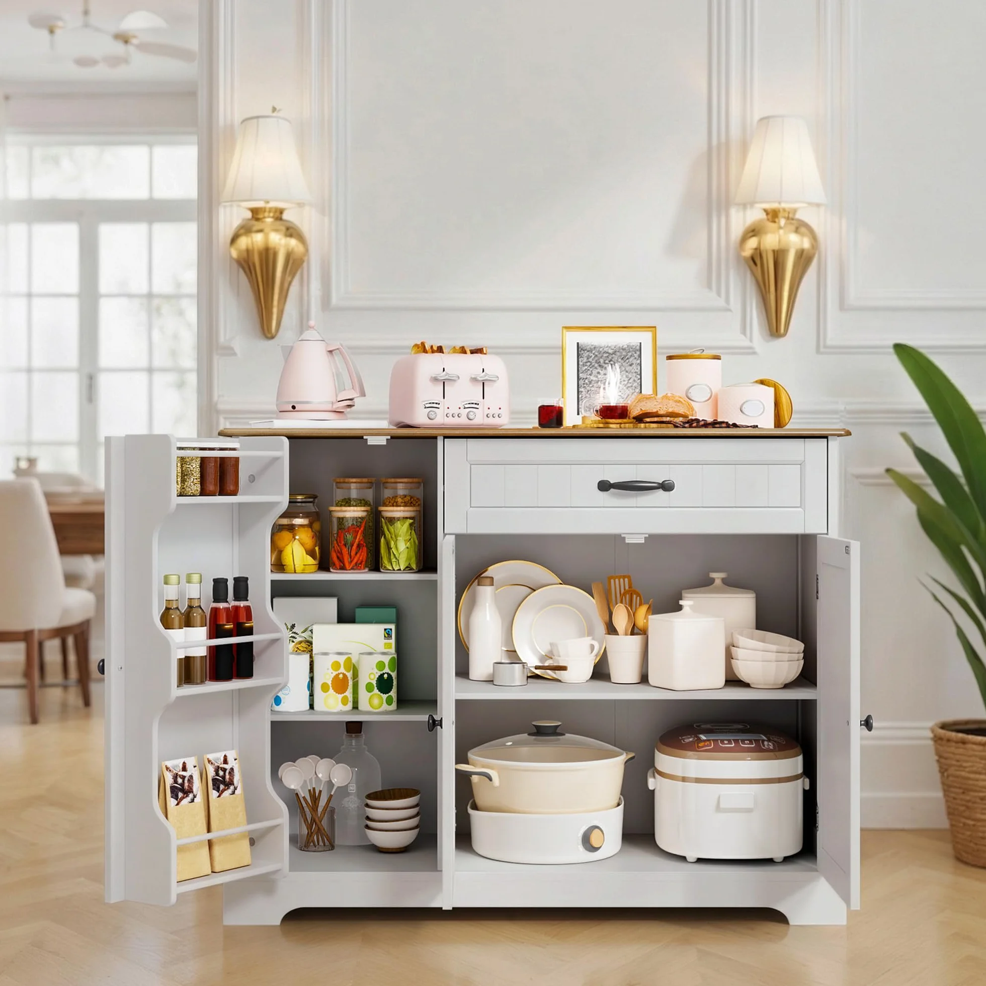 Xbro Credenza con 1 Cassetto e 3 Ante, Mobile Buffet con Spazio di Archiviazione a 3 Livelli, Chiusura Ribaltabile e Angoli Arrotondati, per Cucina, Soggiorno o Camera da Letto, Vintage