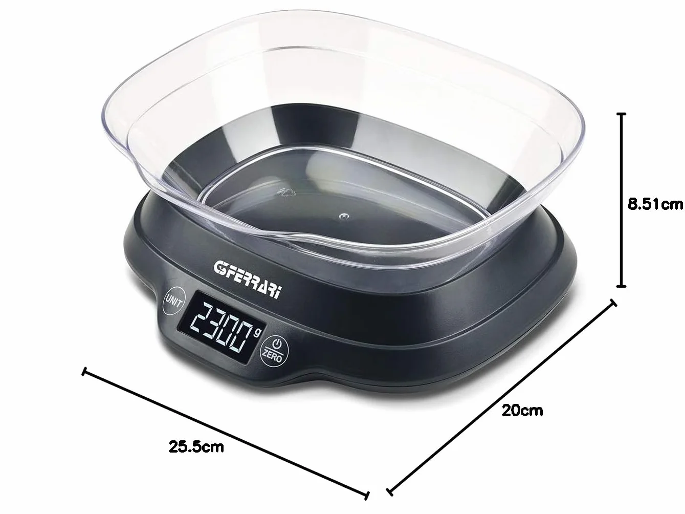 G3 Ferrari G20093 Bilancia da Cucina, 1 gr/5kg, Ciotola da 1,2L, Display Alta Luminosità, Sensore ad alta precisione, Salvaspazio, Plastica, Nero