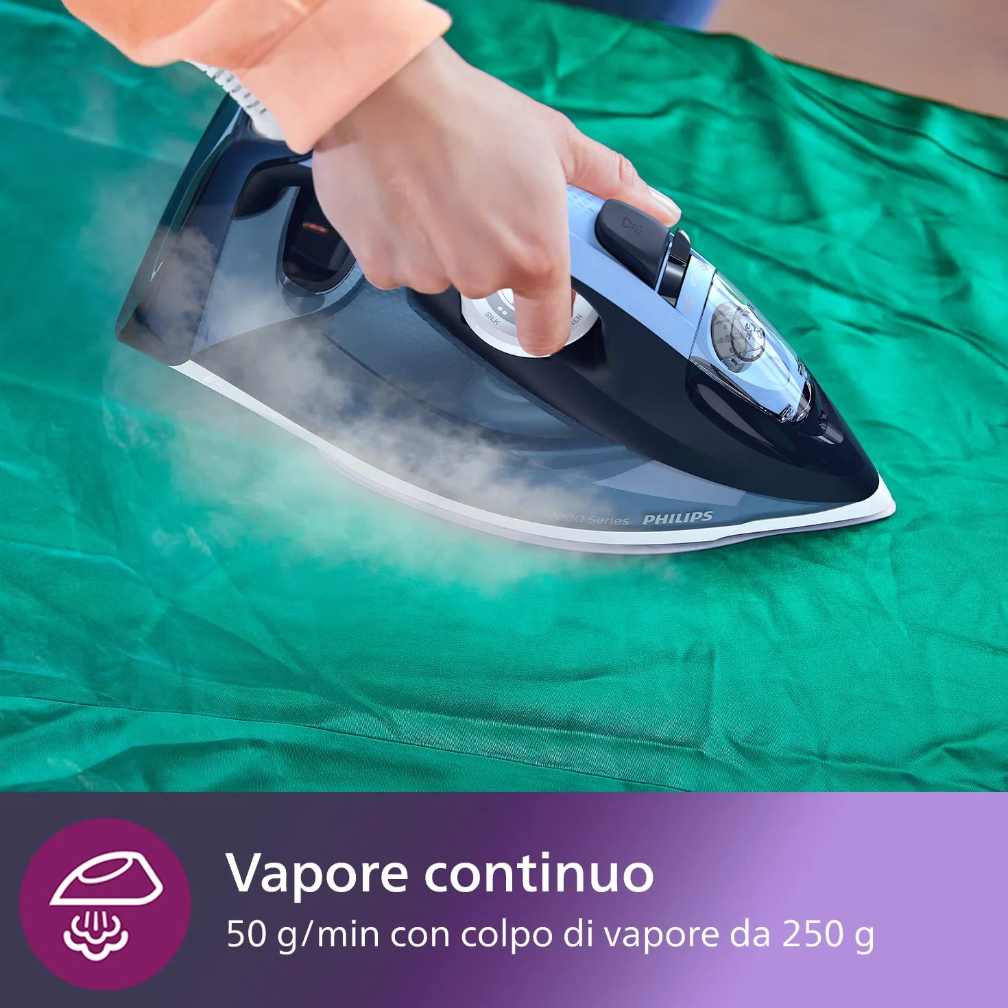 Philips Azur Series 7000 Ferro da Stiro a Vapore - 2800 W, Vapore Continuo 50g/min, Colpo Vapore da 250 g, Vapore Verticale, Piastra SteamGlide Plus, Blu/Azzurro (DST7020/20)