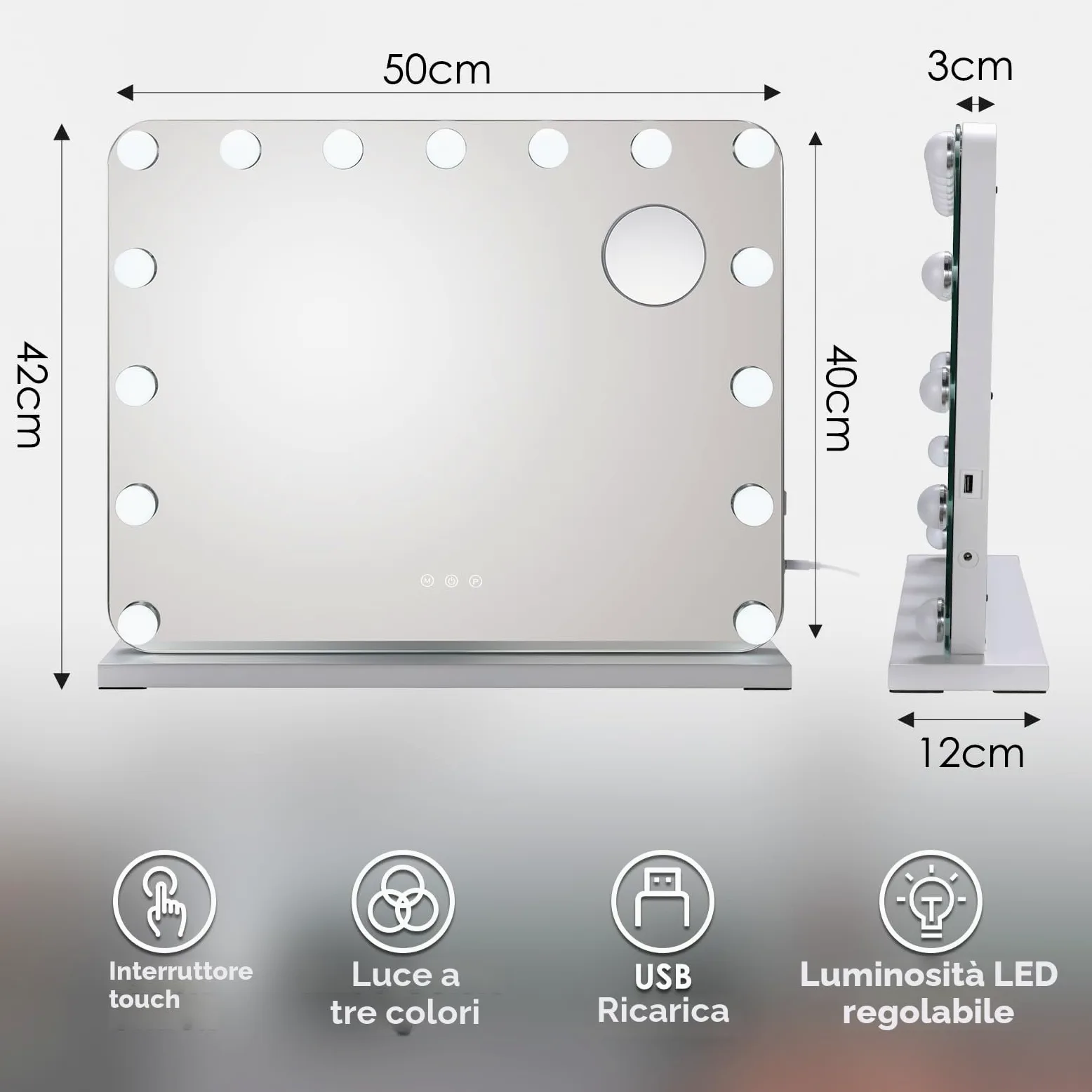 Hollywood Specchio Trucco con Luci,15 LED,50x40 cm,Specchio da parete,3 Temperature di Colore,Controllo touch e lente d'ingrandimento 10X,USB,Specchio da tavolo,specchio con luci make up,Bianco