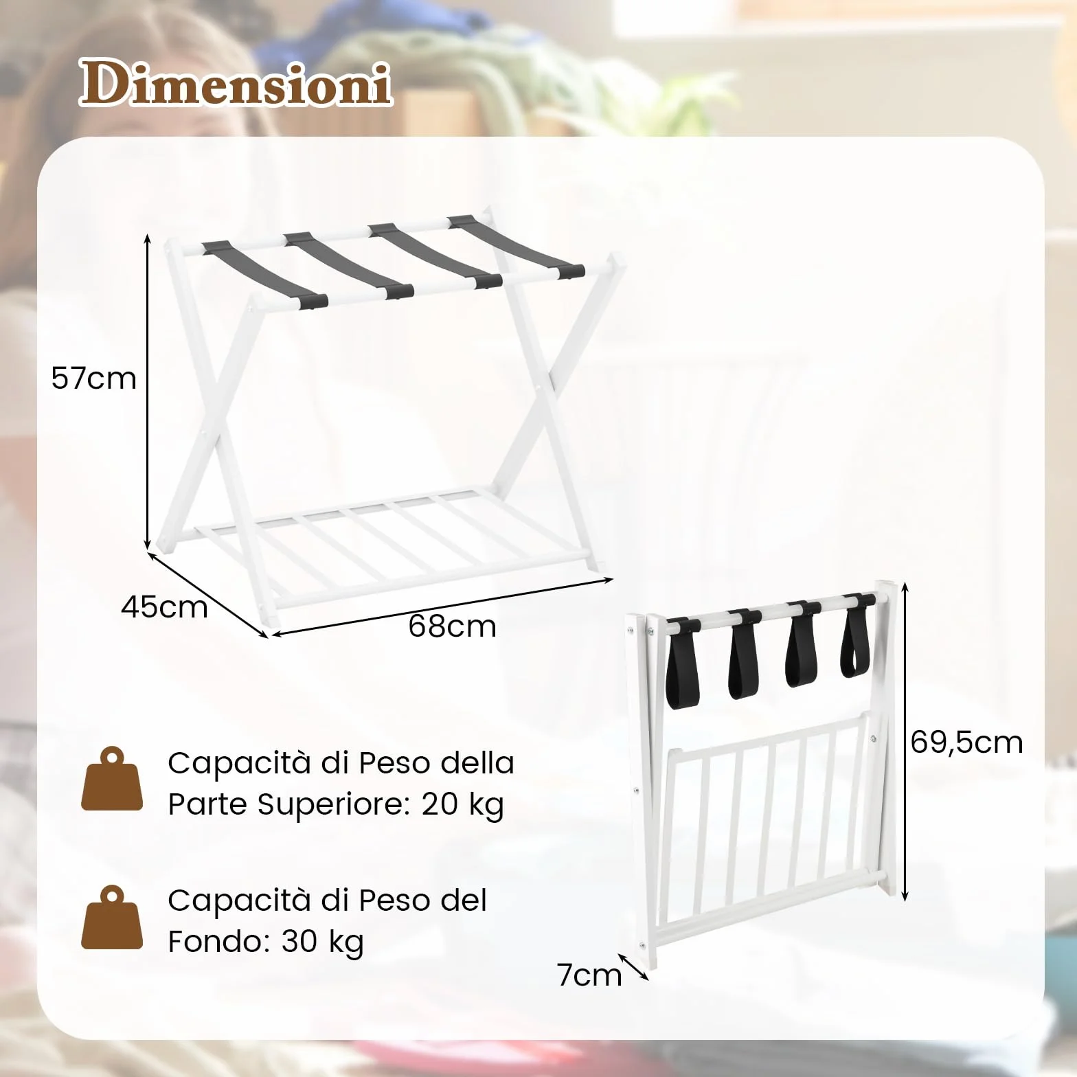 COSTWAY Portavaligie Pieghevole a 2 Ripiani in Metallo 68x43x56 cm Bianco