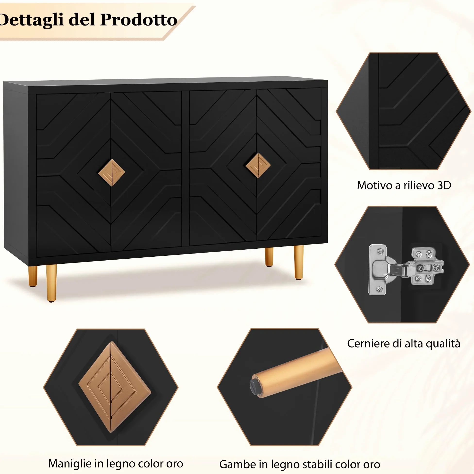 HOLTICO Credenza Moderna con 4 Ante, Armadietto con Design a Rilievo Geometrico, Mobile Multifunzione per Soggiorno, Cucina e Camera da Letto, 4 Colorazioni Esclusive, Nero Scuro