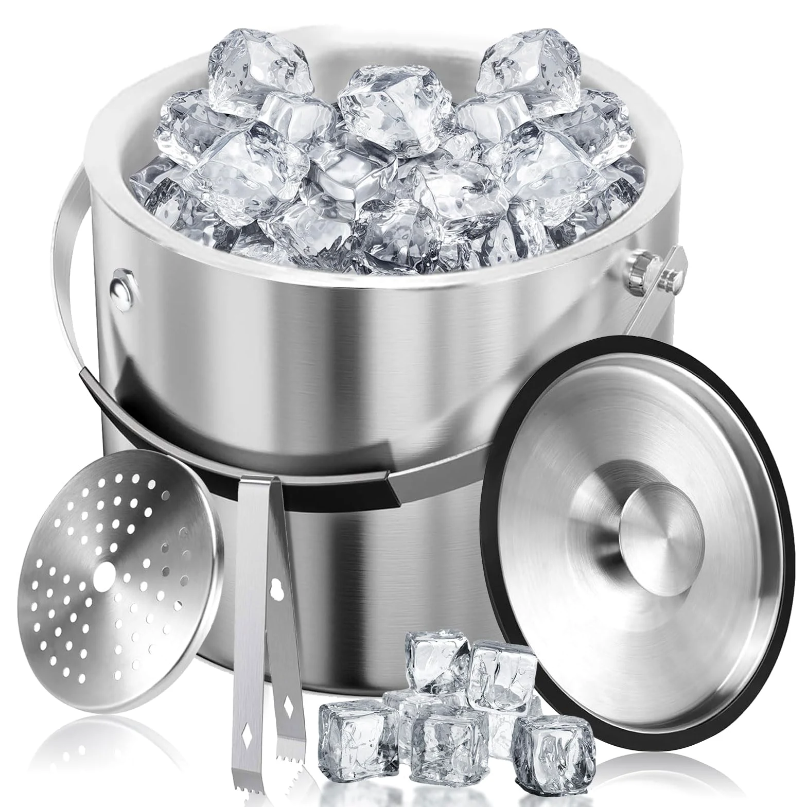 Contenitore per ghiaccio in acciaio inox, 3 l, con coperchio ermetico, colino e pinza per ghiaccio, a doppia parete, ideale per raffreddare birra, champagne e frutta