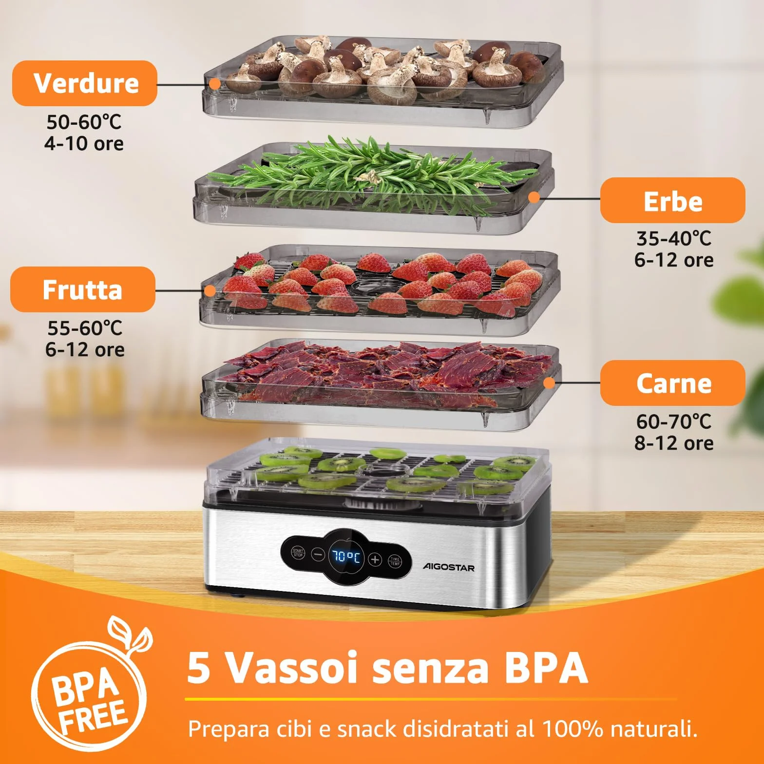 Aigostar Crispy - Essiccatore alimentare, 240W, 5 vassoi, essiccatura automatica, ottimo per frutta, carne, verdura ecc. controlli digitali, impostazione manuale di tempo e temperatura. Senza BPA.