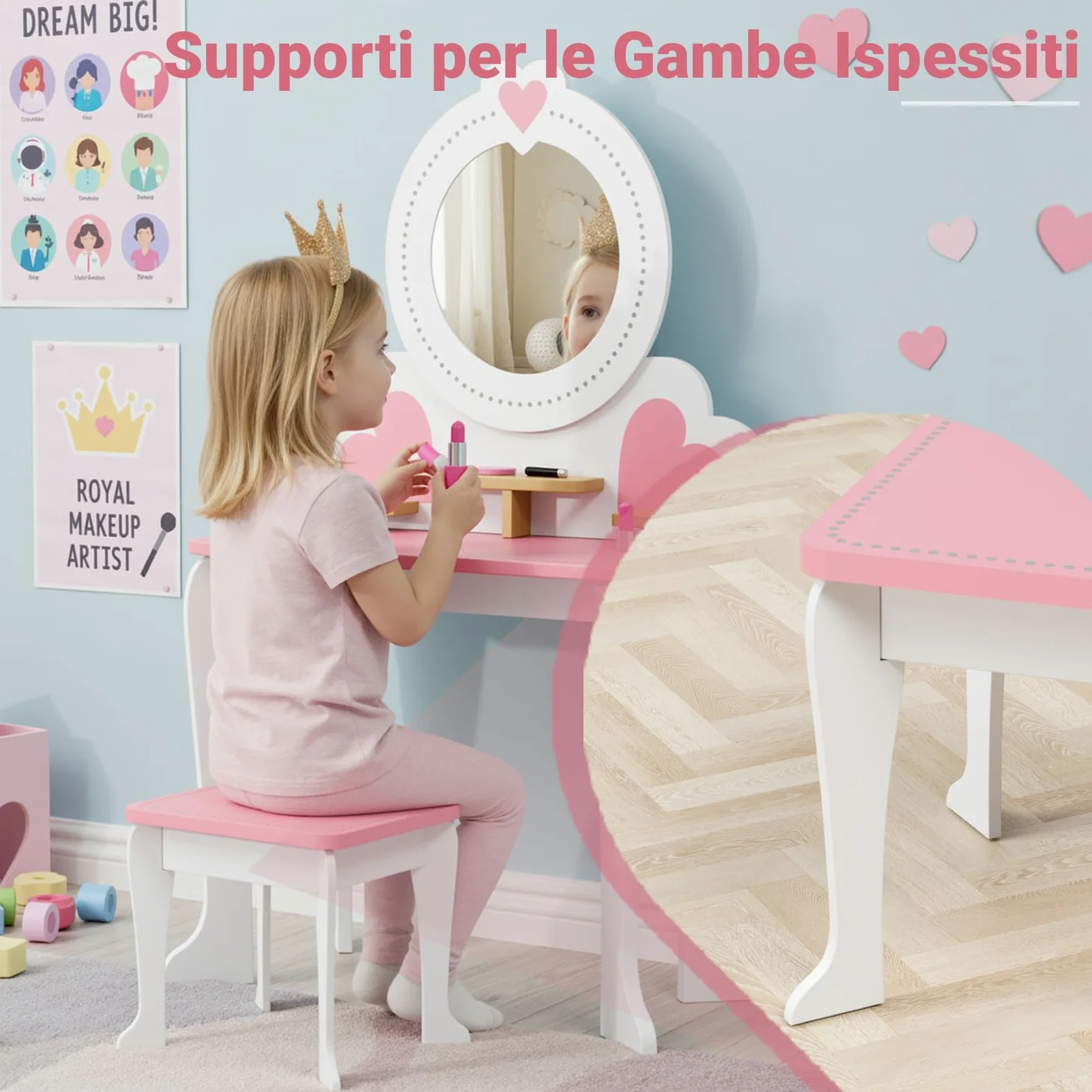 Clevich 2 in 1 Toeletta per Bambini, Toeletta da Trucco con Specchio Bambini, Scrivania in Legno con Sgabello, Robusto e Durevole, per Bambini dai 3-8 Anni (Bianco)