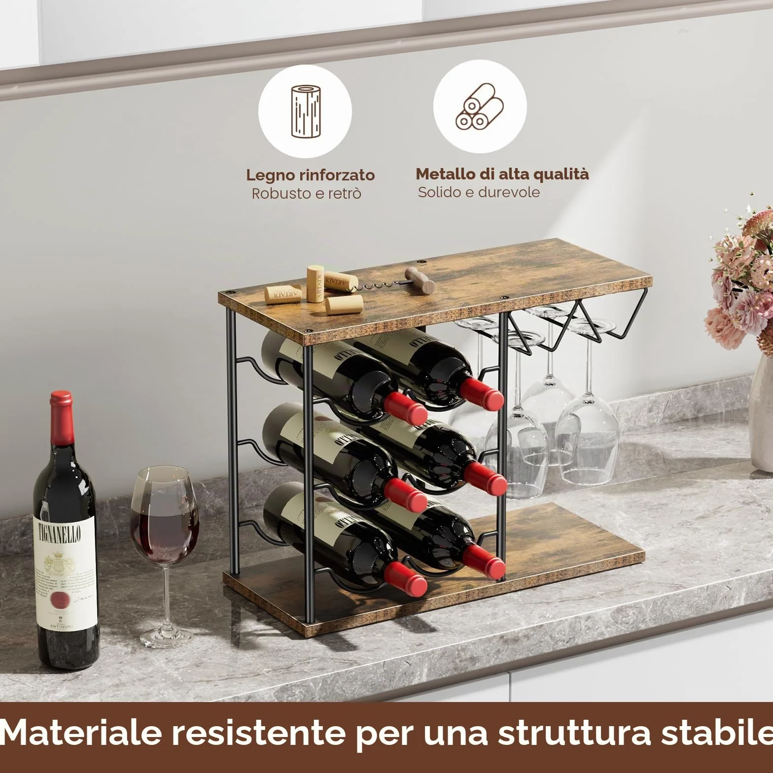 Nuovoware Portabottiglie da Tavolo per 6 Bottiglie 4 Bicchieri, Organizer Vino in Metallo e Legno