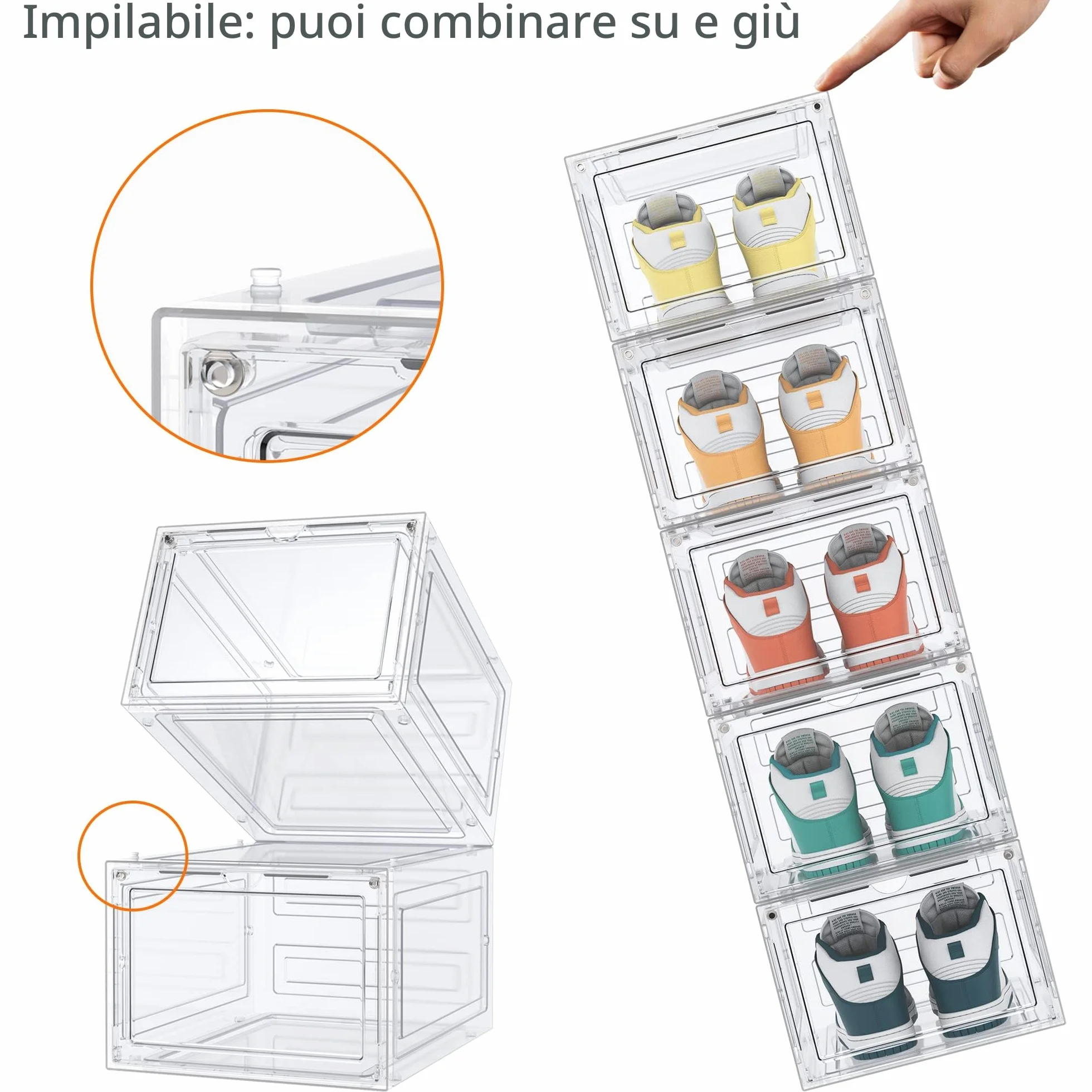 HOMIDEC 6 pcs Scatole per Scarpe in Plastica Trasparenti Impilabili con Coperchi 35x25x18.7cm