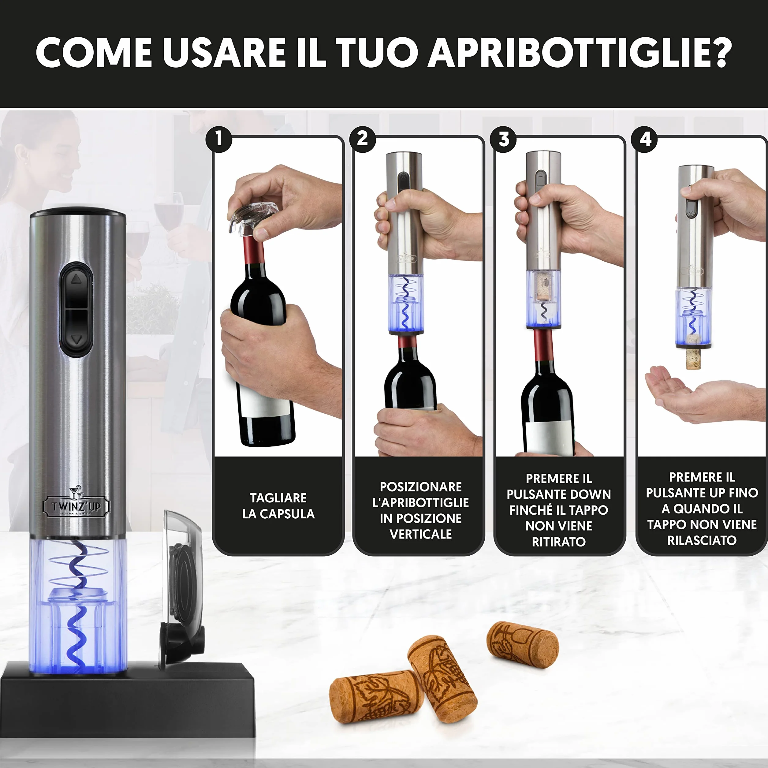 Twinz'Up Apribottiglie Elettrico Ricaricabile Cavatappi Elettrico per Vino con Taglia-Capsule
