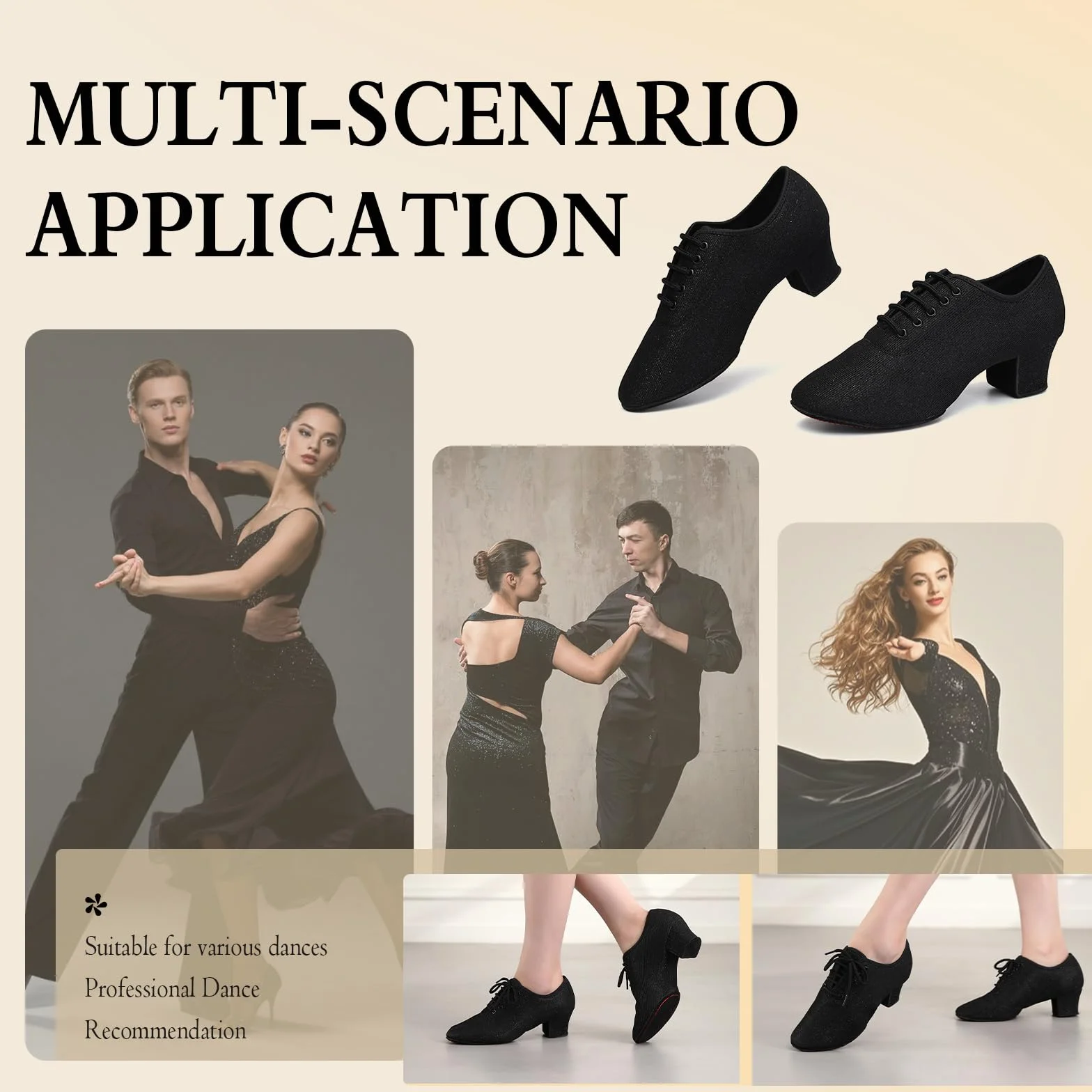 Scarpe da Ballo Latino da Donna a Punta Chiusa Nere con Lacci Salsa Tango Pratica Scarpe da Allenamento Tacco 5cm