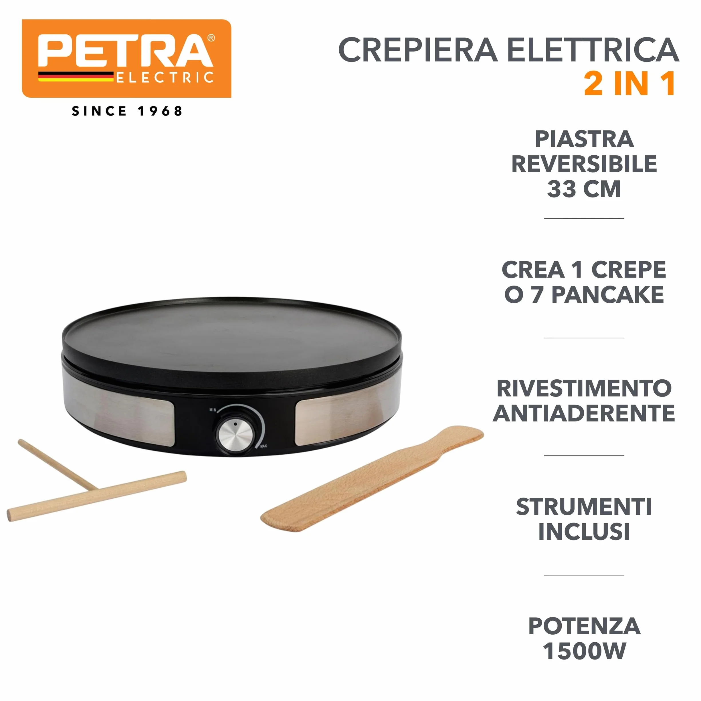 Petra Crepiera 2 in 1 Macchina per Pancake 1500W Piastra Reversibile 33 cm Antiaderente PT6225VDE