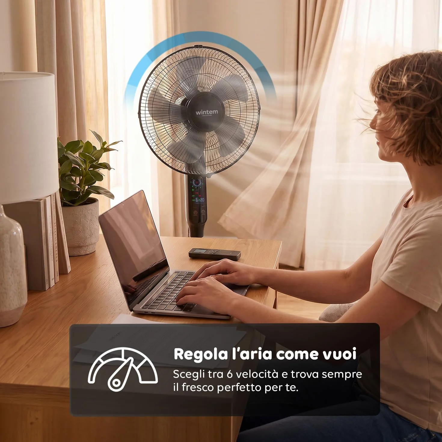 Wintem - Ventilatore a Piantana 40 cm con Telecomando – Altezza Regolabile da 125 a 135 cm – 6 Velocità, Timer 7,5H e Comandi Touch – Piantana Silenziosa 40W (Nero)