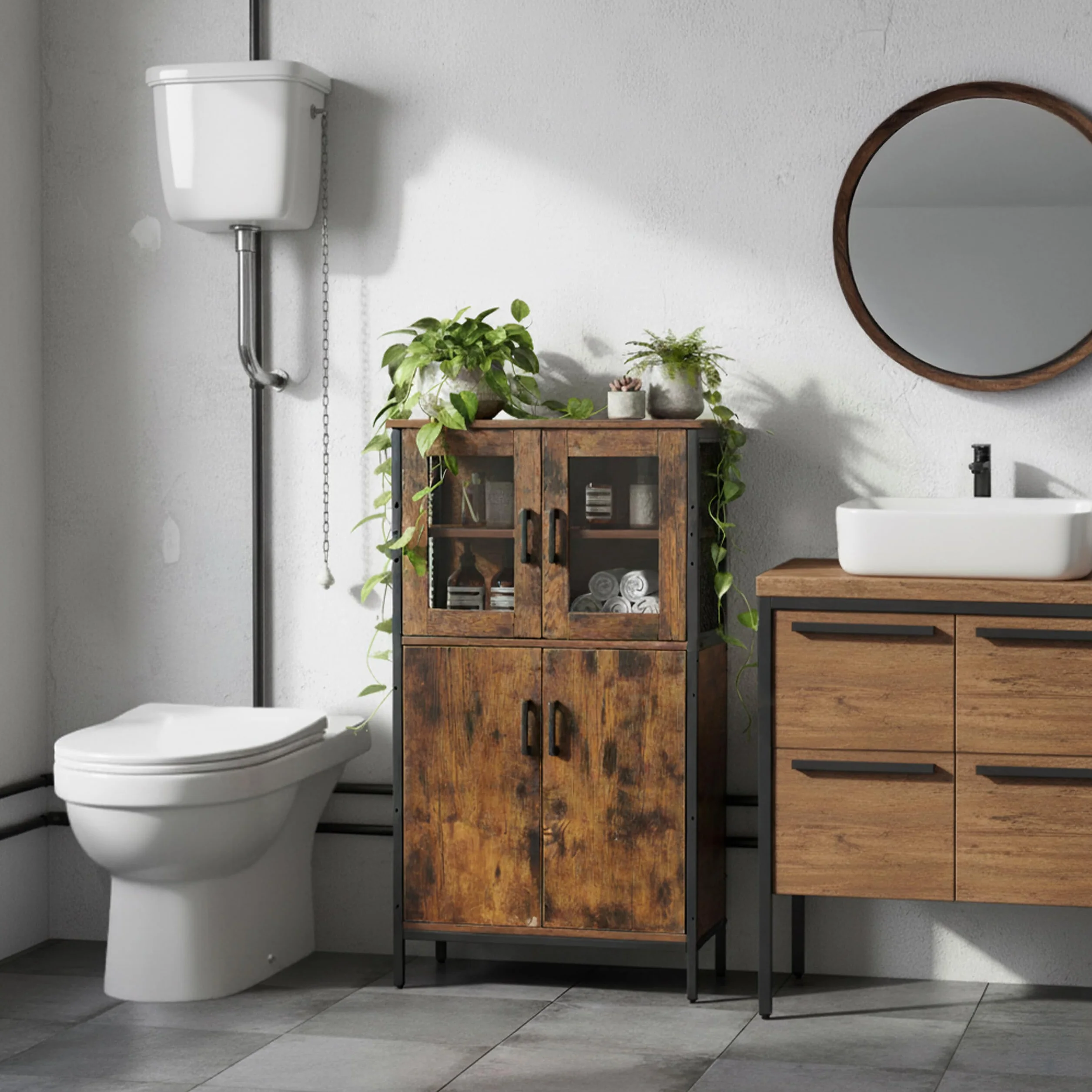 Relaxdays Armadio da Cucina Industrial, Armadio Alto con Ante in Vetro H 108x60x30 cm, vetrina Slim, Legno Marrone
