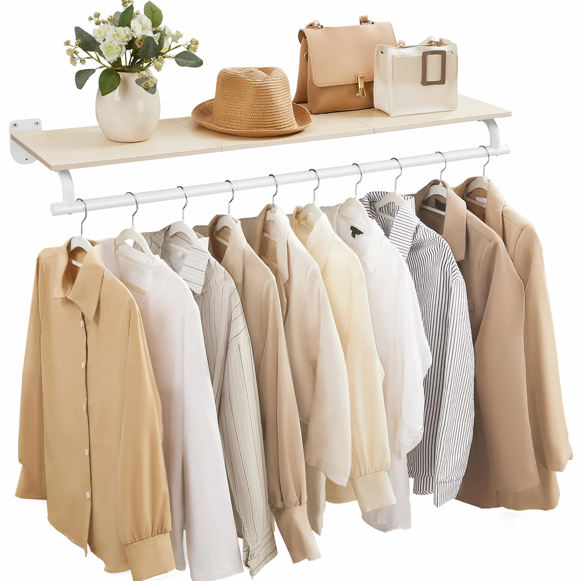 SONGMICS Appendiabiti da Parete, Barra Appendiabiti con Mensola da Muro, Portata Totale 35 kg, 28 x 109 x 13,2 cm, Camera da Letto Cabina Armadio, Beige Naturale e Bianco Nuvola HSR135W01