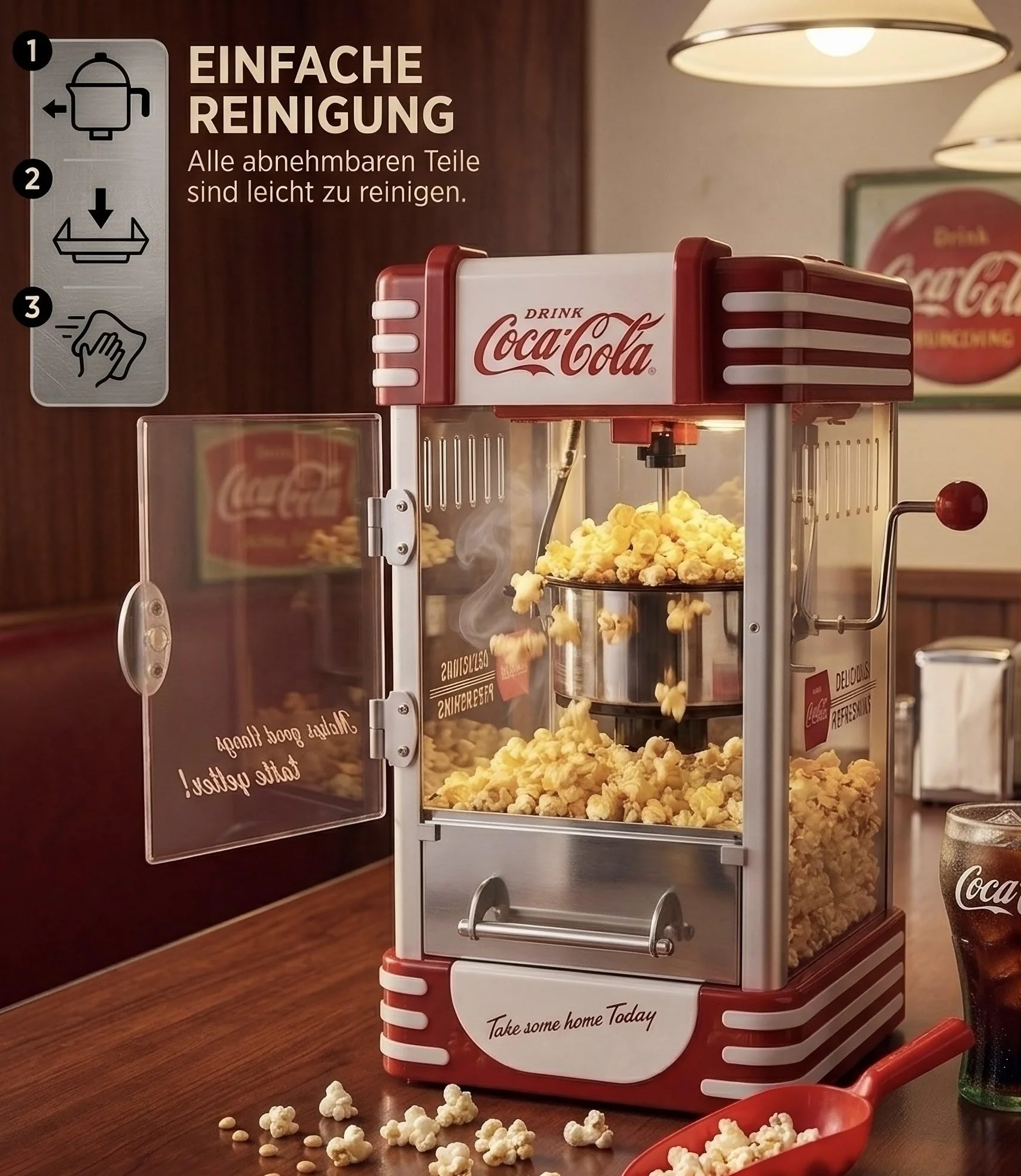 Salco Coca-Cola - Macchina per popcorn popcorn in stile retrò rosso (anni 50), caldaia in acciaio inox con rivestimento antiaderente, sistema di agitazione integrato, illuminazione e avvolgicavo