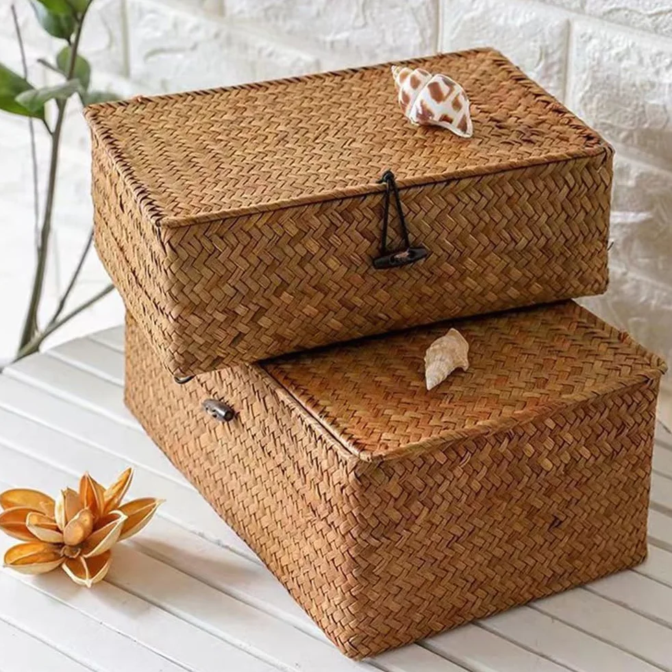 Cesto in rattan con coperchio 3 pezzi, portaoggetti in giunco marino naturale, intrecciato per scaffale