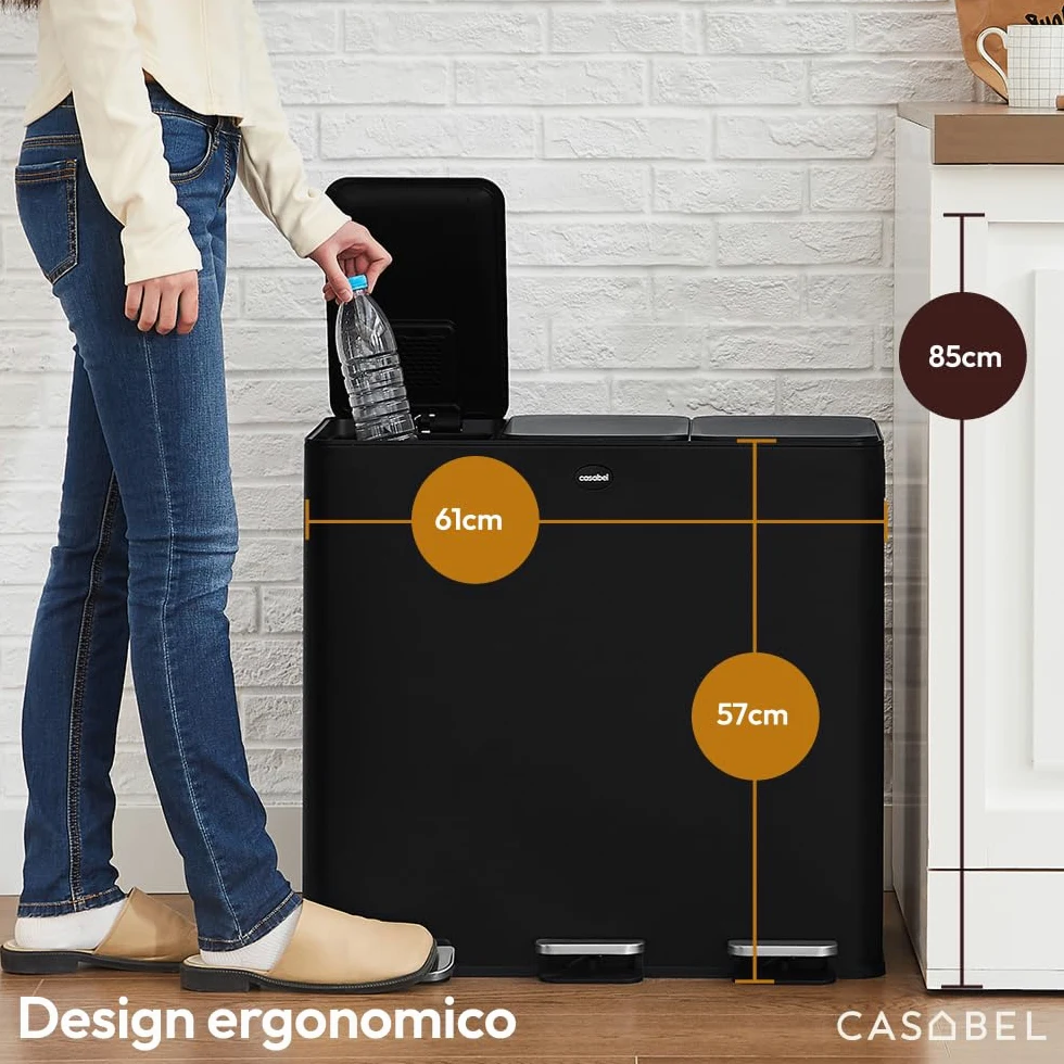CASABEL Pattumiera Differenziata 3 Scomparti 3x20L, in Acciaio Inox Nero, Secchio Spazzatura - Pattumiera da Cucina per Riciclaggio Rettangolare a Pedale - Bidoni Differenziata da Interno