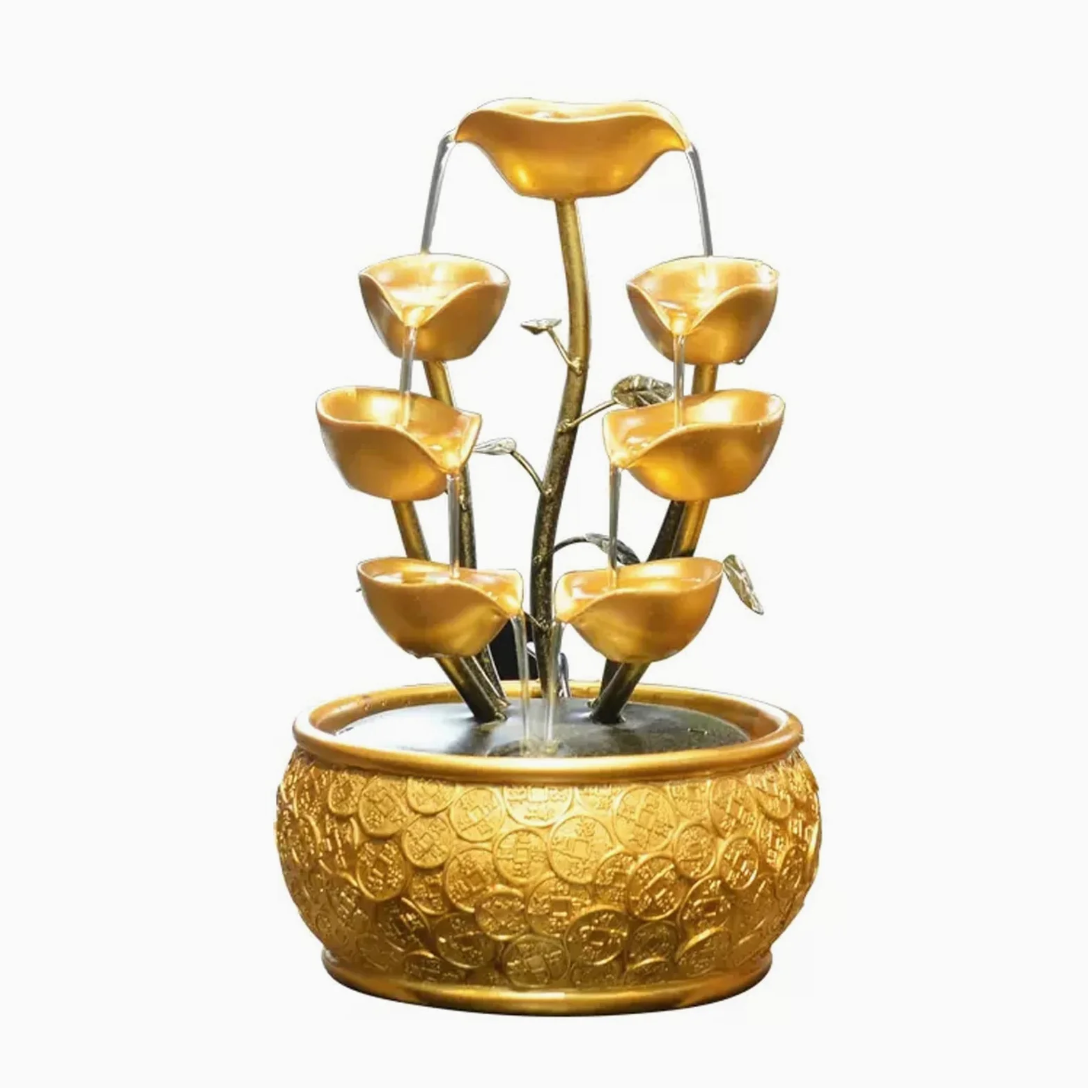 Fontane da Tavolo Fontana da tavolo Fontana da tavolo creativa con acqua corrente con motivo a moneta in oro dorato Base decorativa e fontana da tavolo con pompa Fontane da Tavolo Per Interni(S)