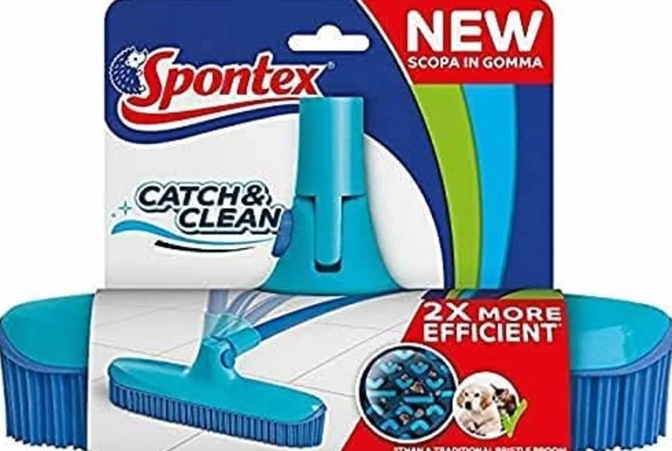 Spontex Catch&Clean Scopa in Gomma per Interno Lavabile Cattura Sporco e Peli Azzurro
