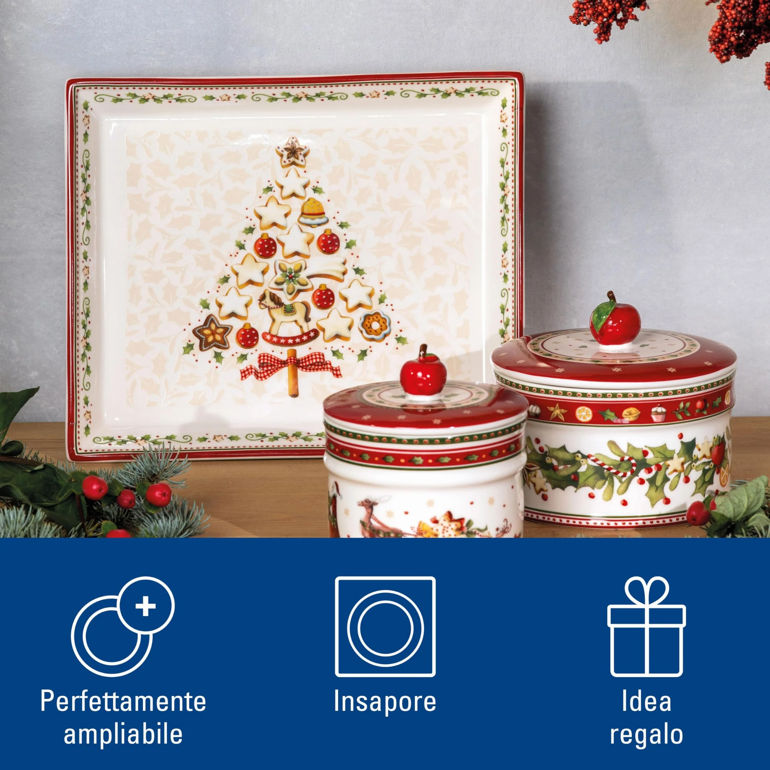 Villeroy & Boch Winter Bakery Delight Piatto Pasticceria Rettangolare Porcellana Bianco Rosso Piccolo