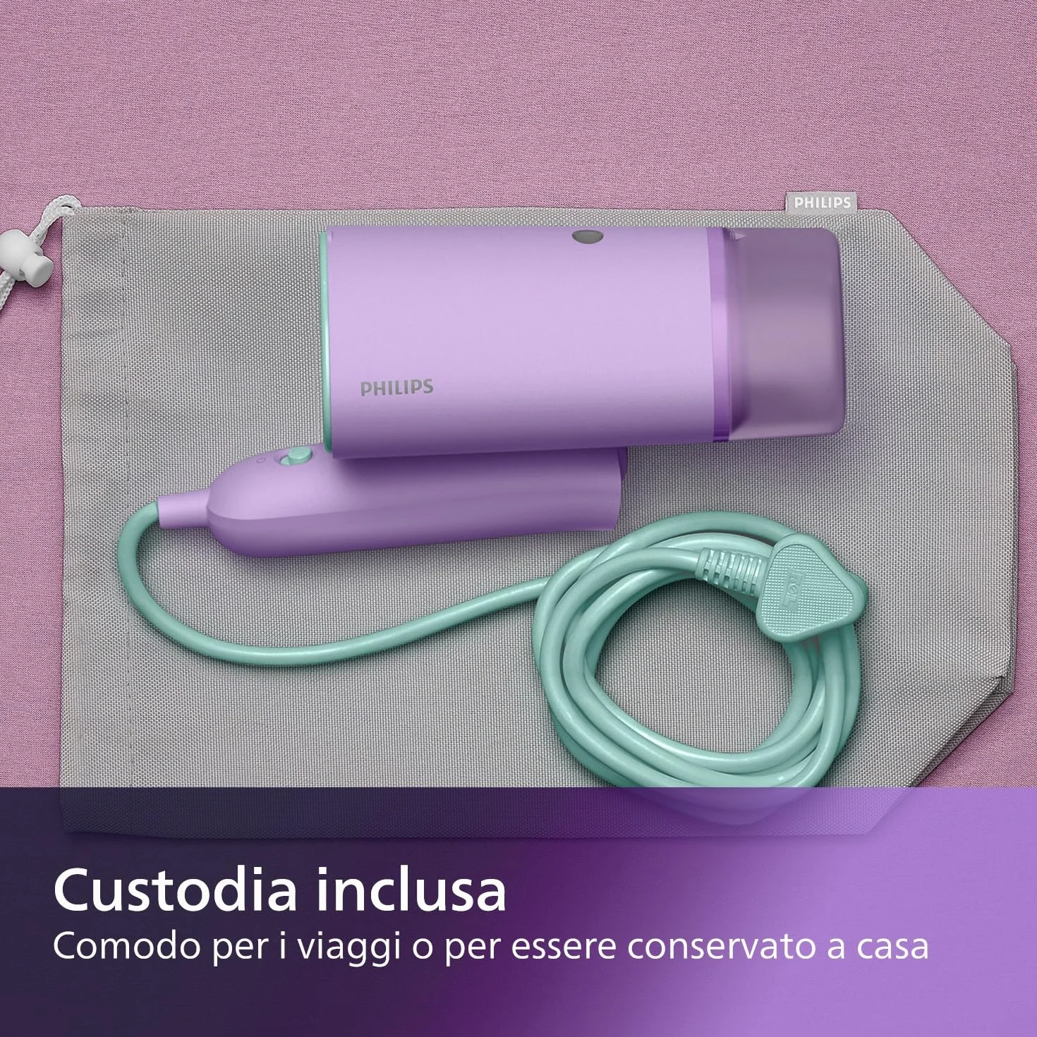 Philips Serie 3000 Stiratrice verticale a vapore,1000 W, 20 g/min di vapore, Serbatoio dell'acqua estraibile da 100 ml, Piastra in plastica, Custodia inclusa, solo 630g di peso, viola (STH3010/30)