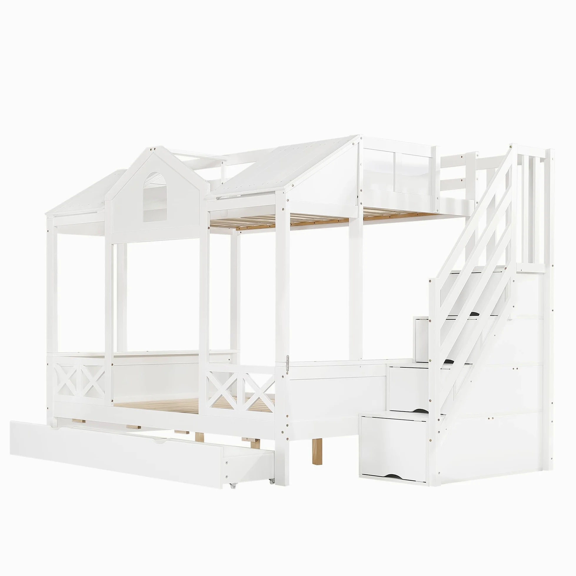 Letto a Castello per Bambini 90x200cm e 140x200cm, Letto Matrimoniale con Scala Contenitore e 2 Cassetti, Belle Finestre e Tetto, Strutture letto in Pino, Bianco(Senza materasso)