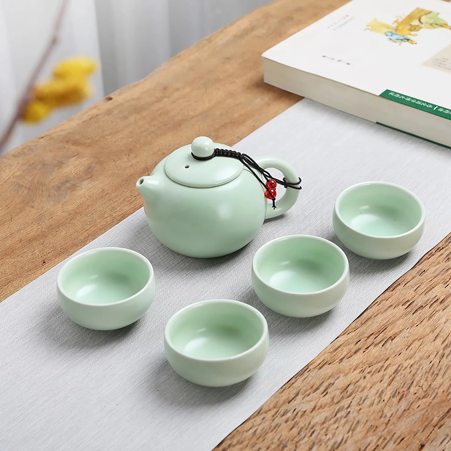 Set di Teiera Cinese Kungfu - Servizio da Tè in Ceramica con 4 Tazze, Lattina e Vassoio da Viaggio