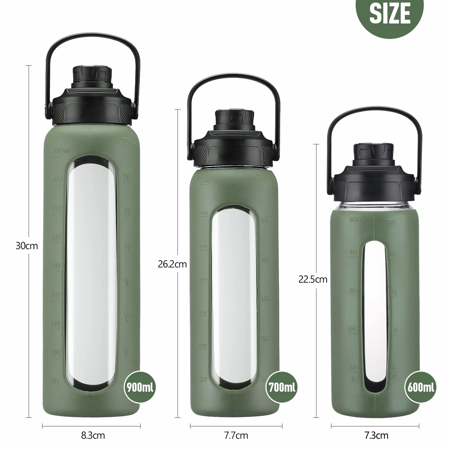 BLUEGO Borraccia in vetro 600ml con cannuccia 2 coperchi, tazza caffè in vetro custodia silicone, senza BPA, Verde oliva