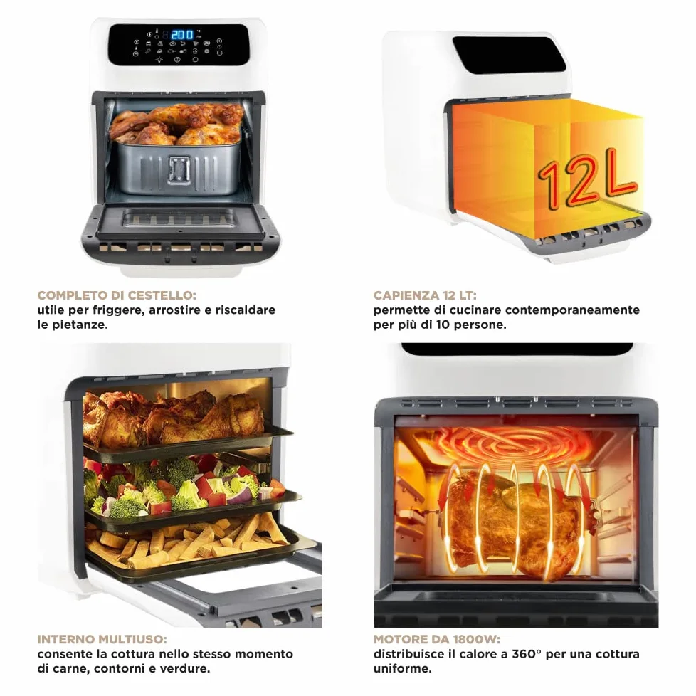 Forno Friggitrice Ad Aria Calda Da 12 Litri Con Display Digitale, Sistema A Riscaldamento Rapido, 12 Programmi Di Cottura, Timer e Temperatura Regolabili 1800 W