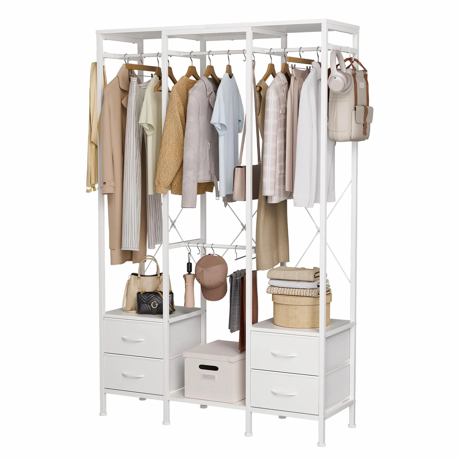Stand Appendiabiti, Cabina Armadio con 3 Barre e 4 cassetti, Appendiabiti con 4 Ganci Rimovibili, Armadio Aperto Moderno, per Camera da Letto o Ingresso, Bianco