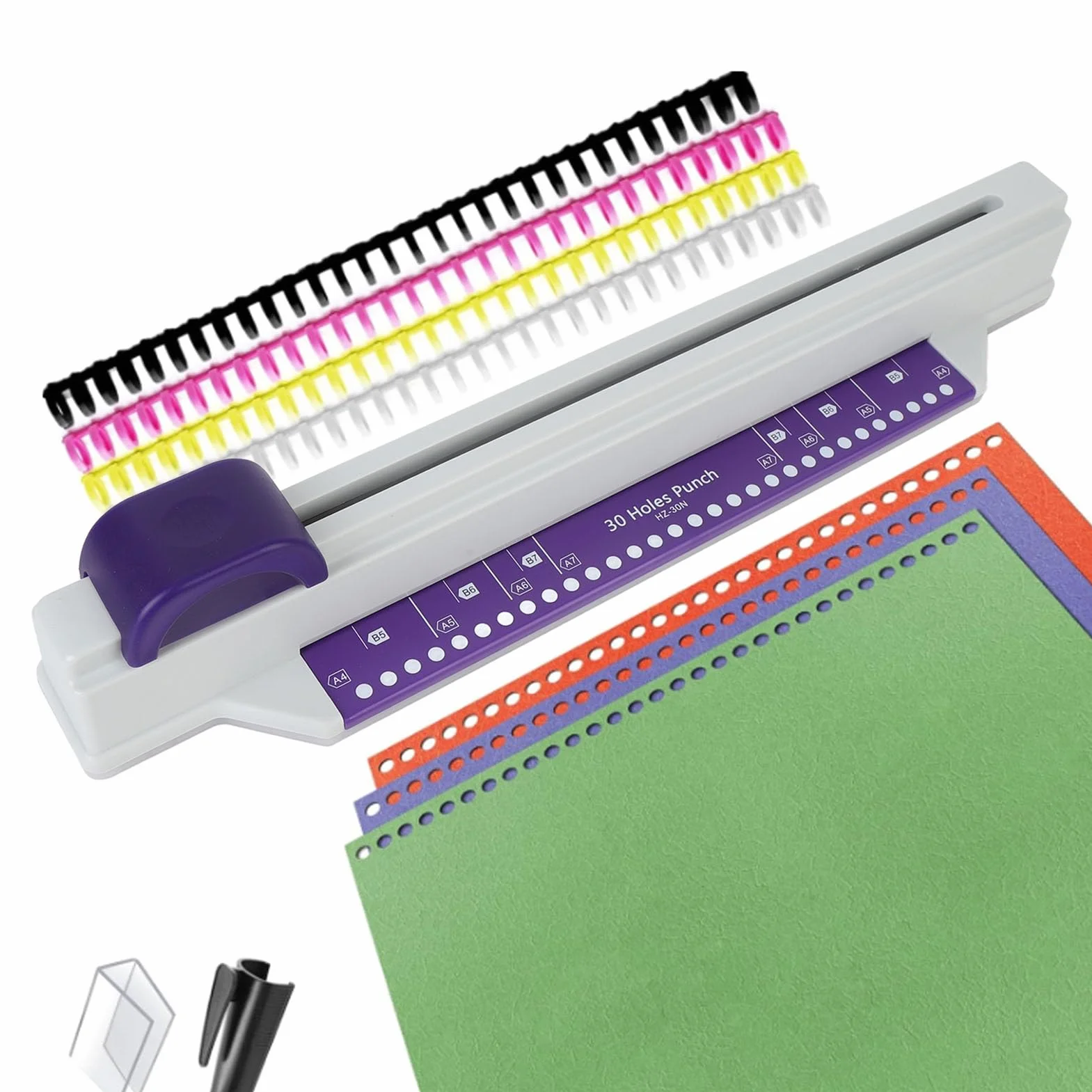 Perforatrice a 30 Fori, Fogli Sciolti per Raccoglitore Ad Anelli A4, Perforatrice per Carta con 4 Strisce di Fogli Sciolti, Rilegatrice a Spirale, Perforatrice Portatile per