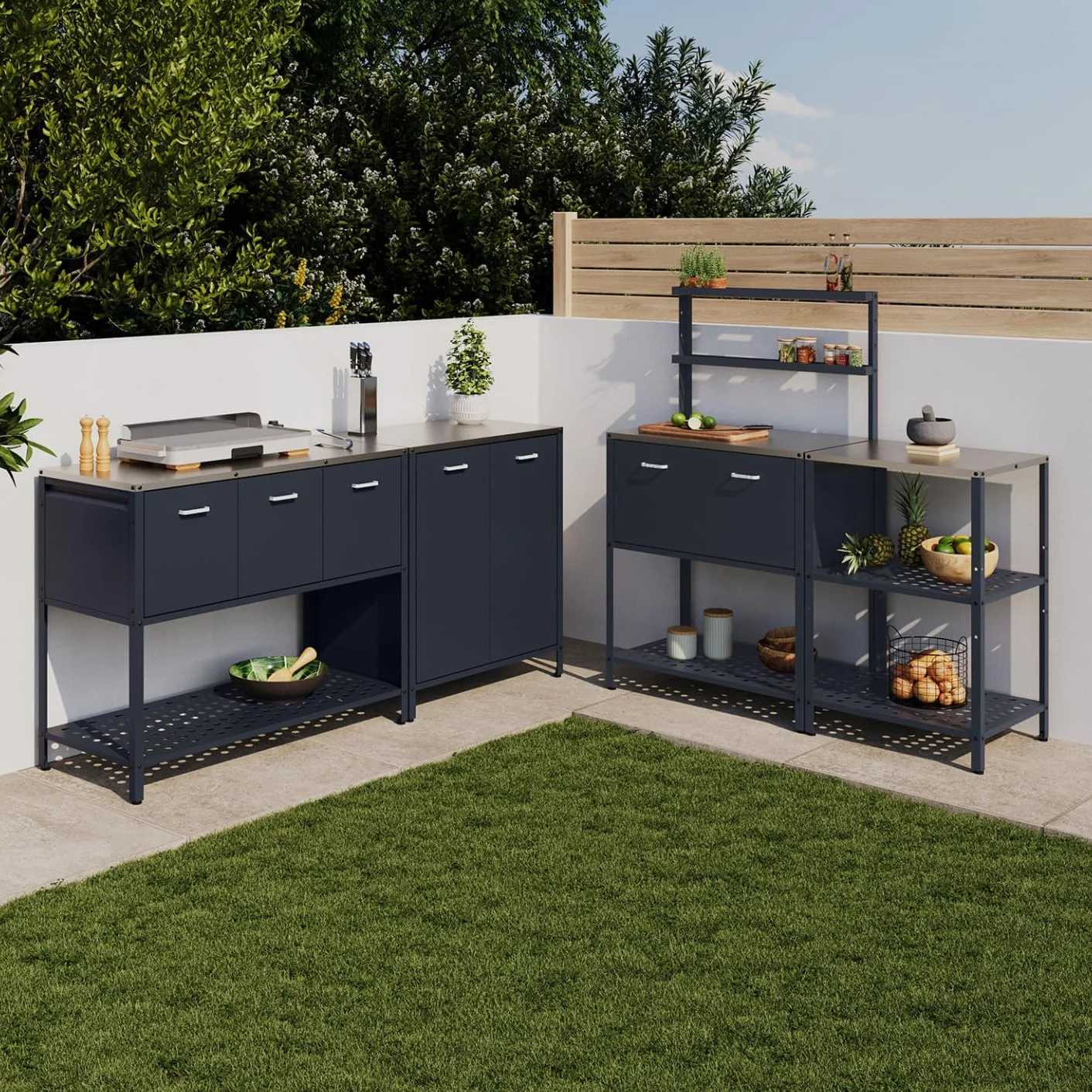 IDMarket - Cucina da esterno PAREO a 3 ante con 1 ripiano in acciaio grigio antracite