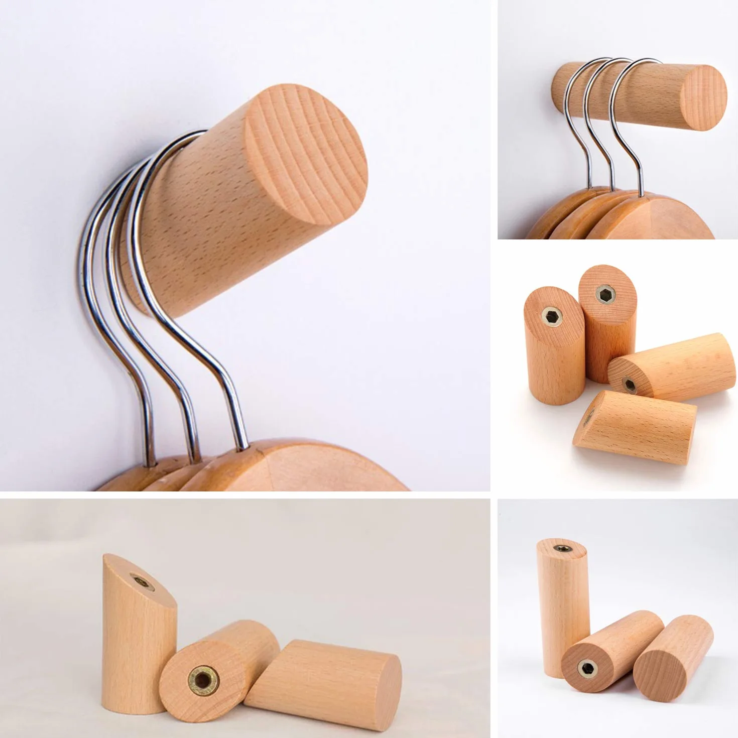 Appendiabiti da Parete in Legno Vintage Faggio 8 cm Set da 6 con Ganci a Fiocco