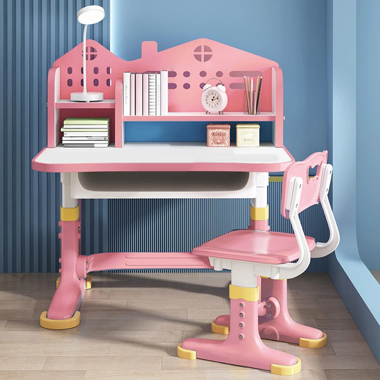 Scrivania Bambini, Sedia Scrivania Bambina, Scrivania per Bambini Con Cassetto, Scrivania Bambino Altezza Regolabile (Rosa-a)